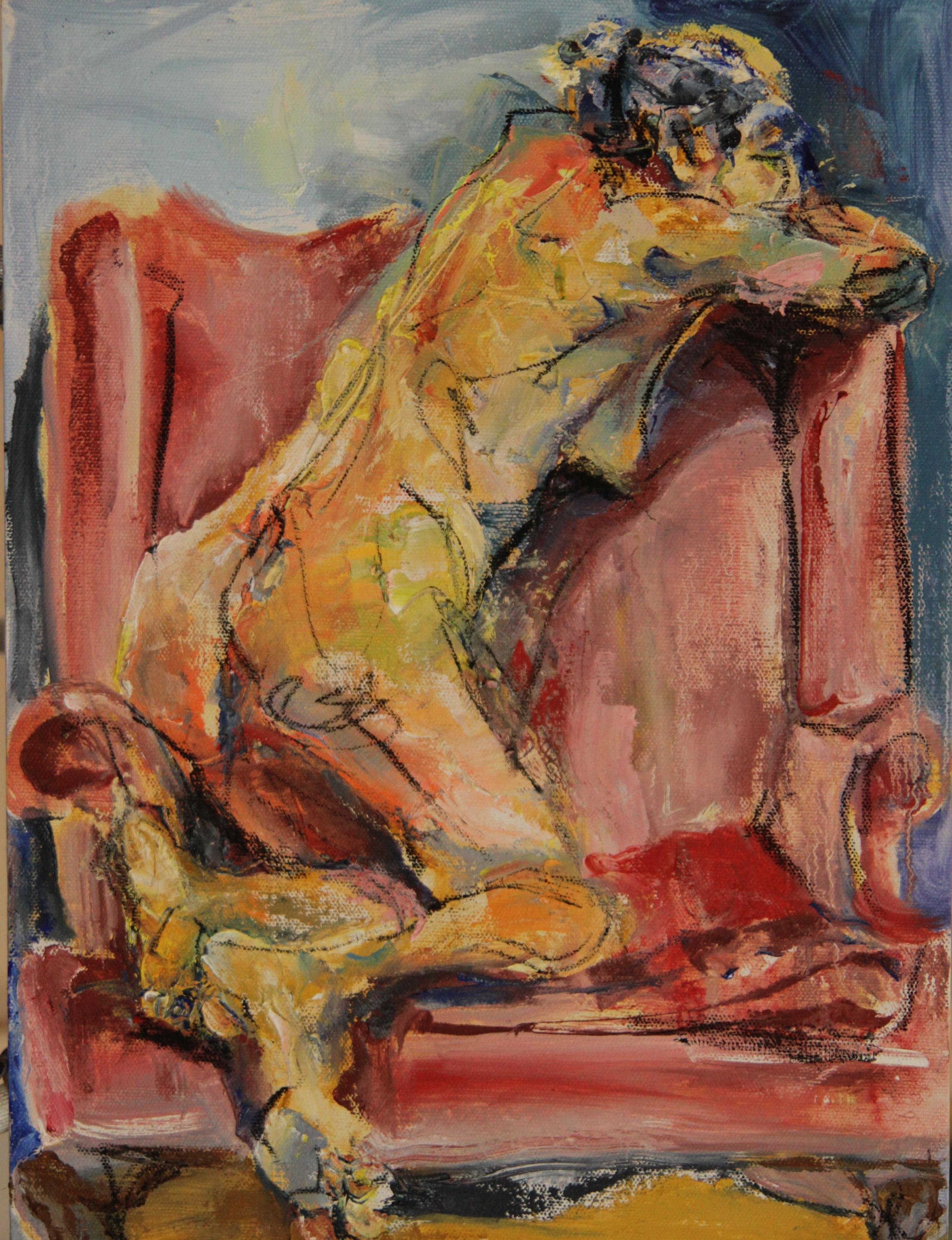 Susan e la sedia rossa, tecnica mista su tela - Mixed Media Art di Anita Clearfield