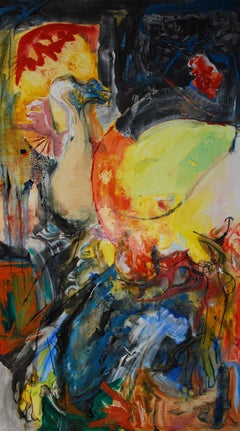 Lizardman Rides the Desert Dolphin Rain or Shine, Painting, Oil on Canvas