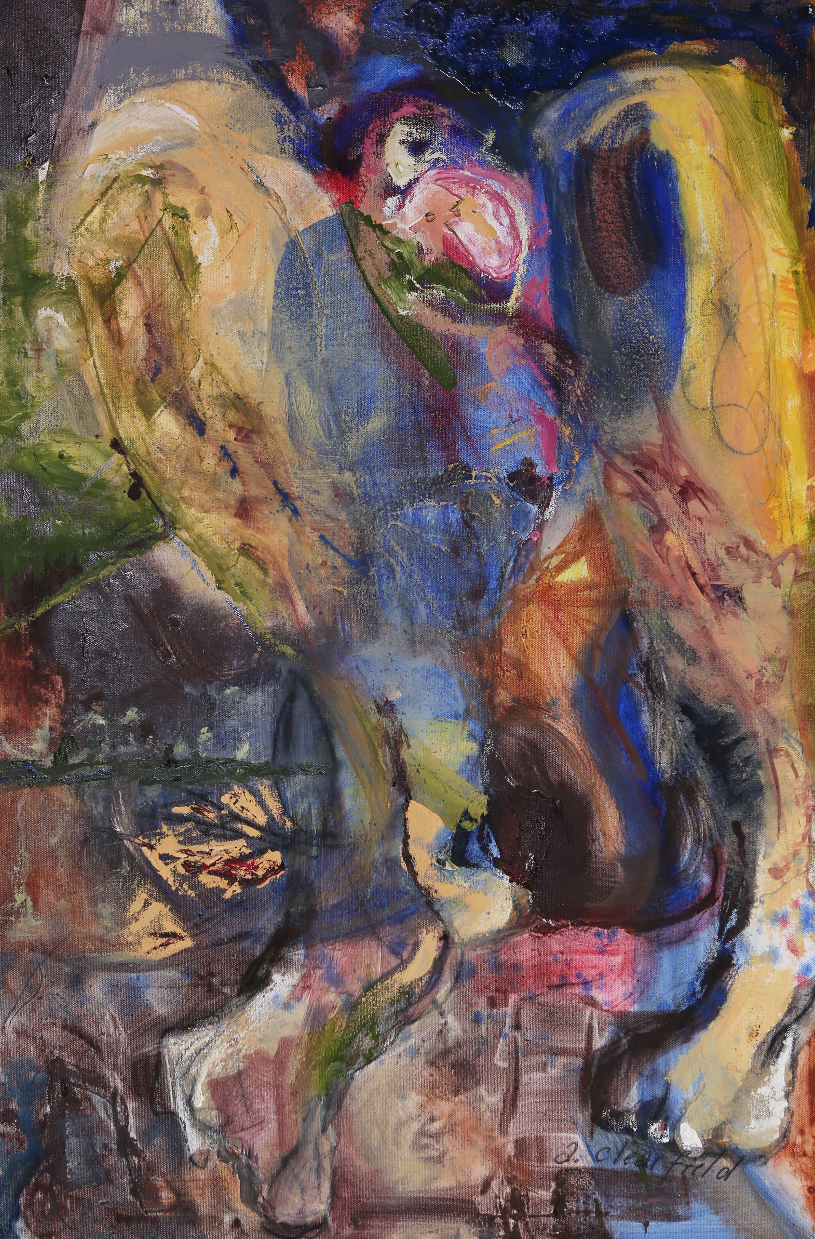 Anita Clearfield Abstract Painting – Der Vogel zwischen meinen Beinen wirft einen Hut, Gemälde, Öl auf Leinwand