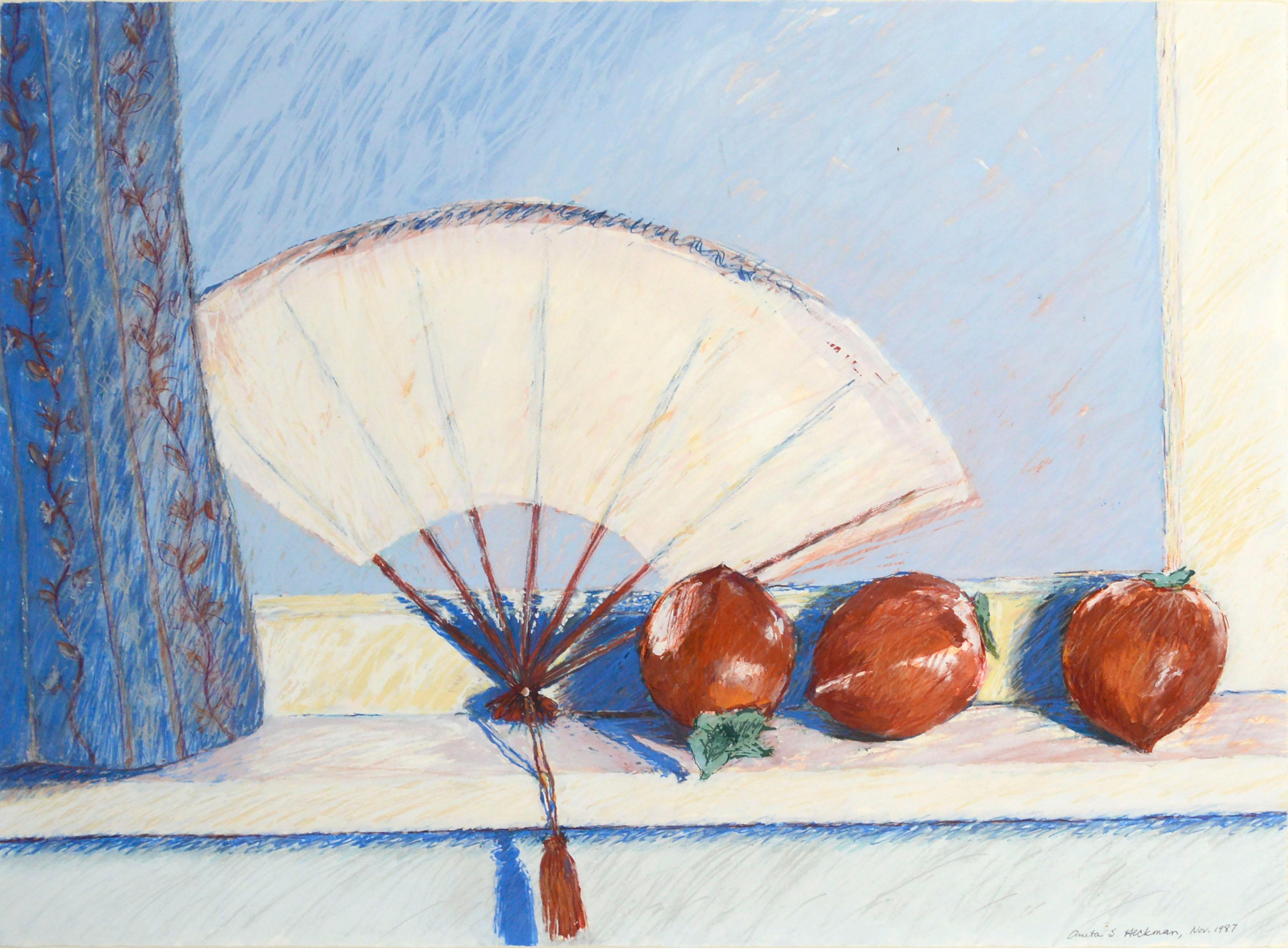 Hachiya Persimmons & Fan, Modern Still Life with Red-Orange and Blue  - Art by Anita Heckman