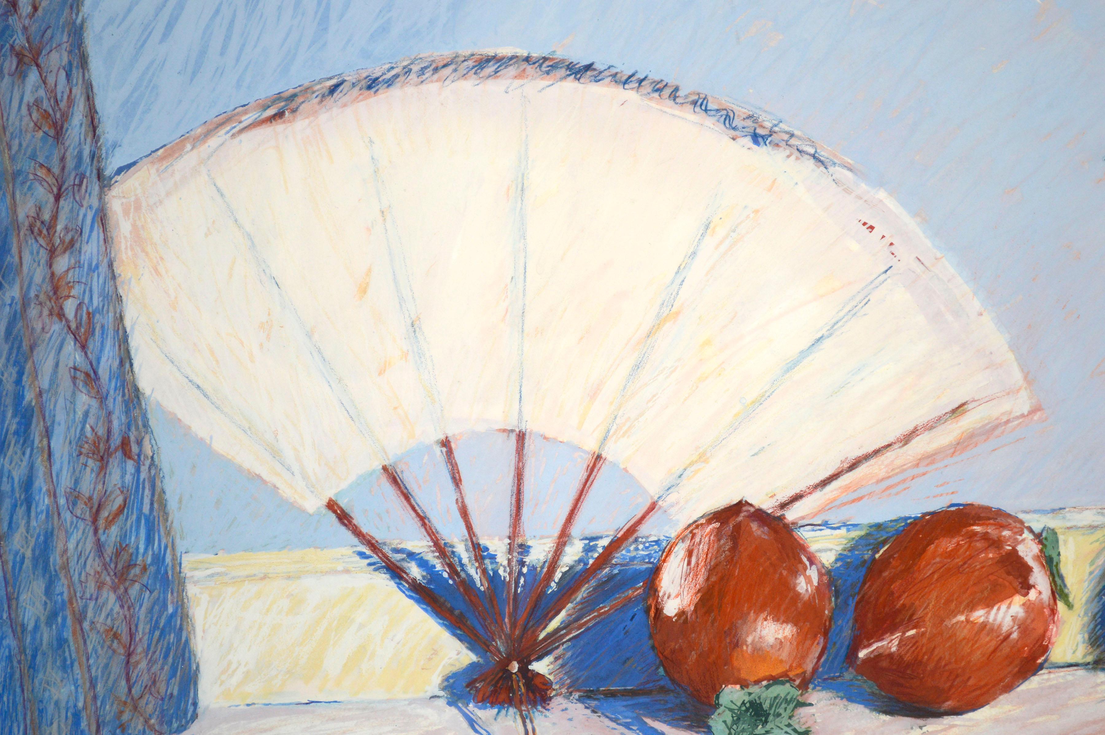 Hachiya Persimmons & Fächer, modernes Stillleben mit Rot-Orange und Blau  (Amerikanischer Impressionismus), Art, von Anita Heckman
