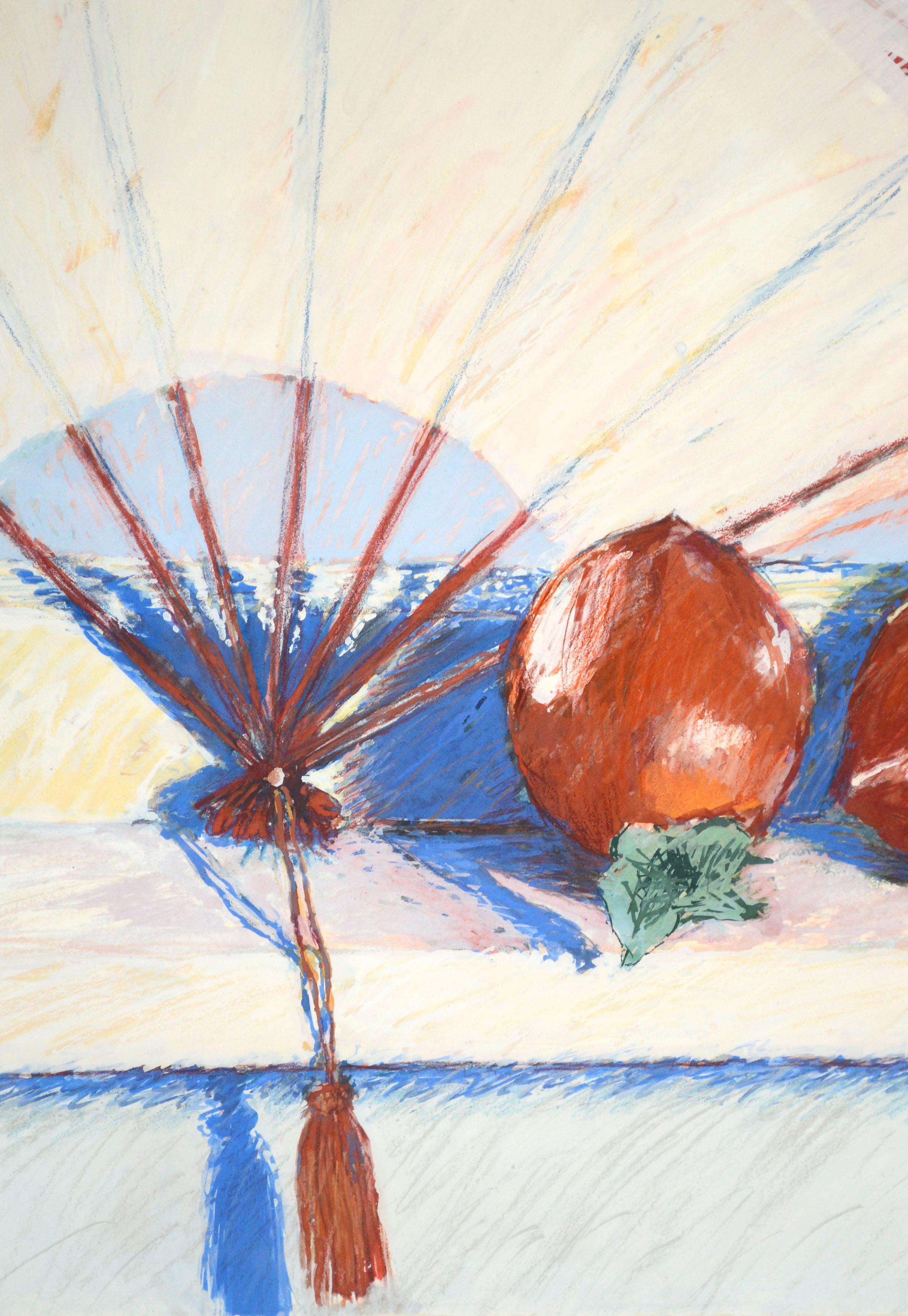 Hachiya Persimmons & Fan, Modern Still Life with Red-Orange and Blue  - American Impressionist Art by Anita Heckman