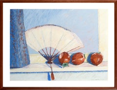 Hachiya Persimmons & Fan, Modern Still Life with Red-Orange and Blue 