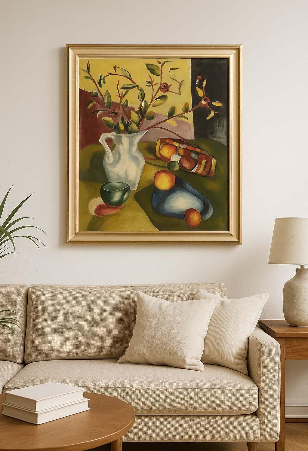 Pittura ad olio americana della metà del secolo scorso Natura morta cubista astratta di frutta - Painting di Anita Johnson
