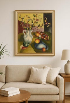 Mid-Century Modern American Oil Painting Abstract cubist still life fruit