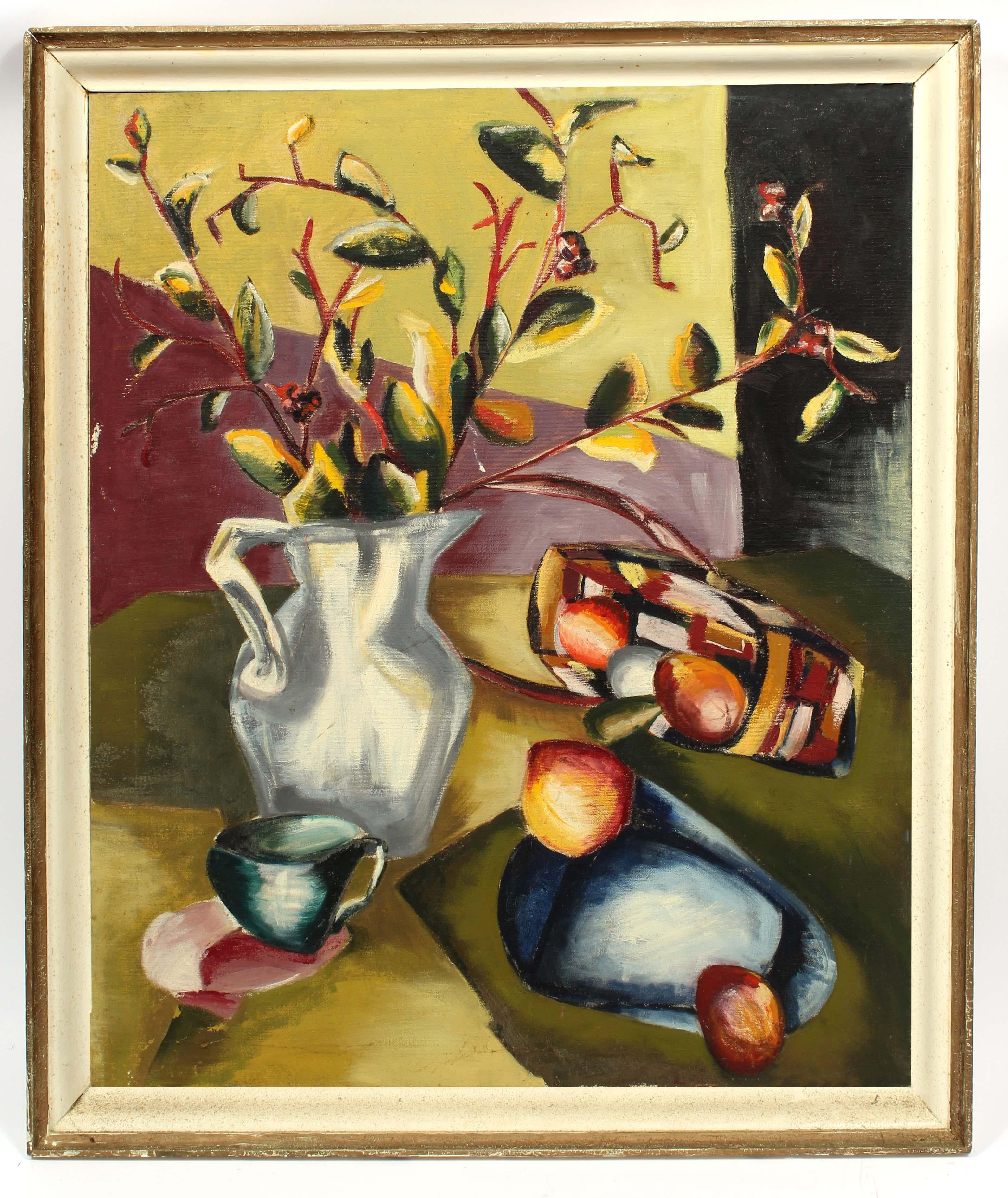 Pittura ad olio americana della metà del secolo scorso Natura morta cubista astratta di frutta - Painting Cubismo di Anita Johnson