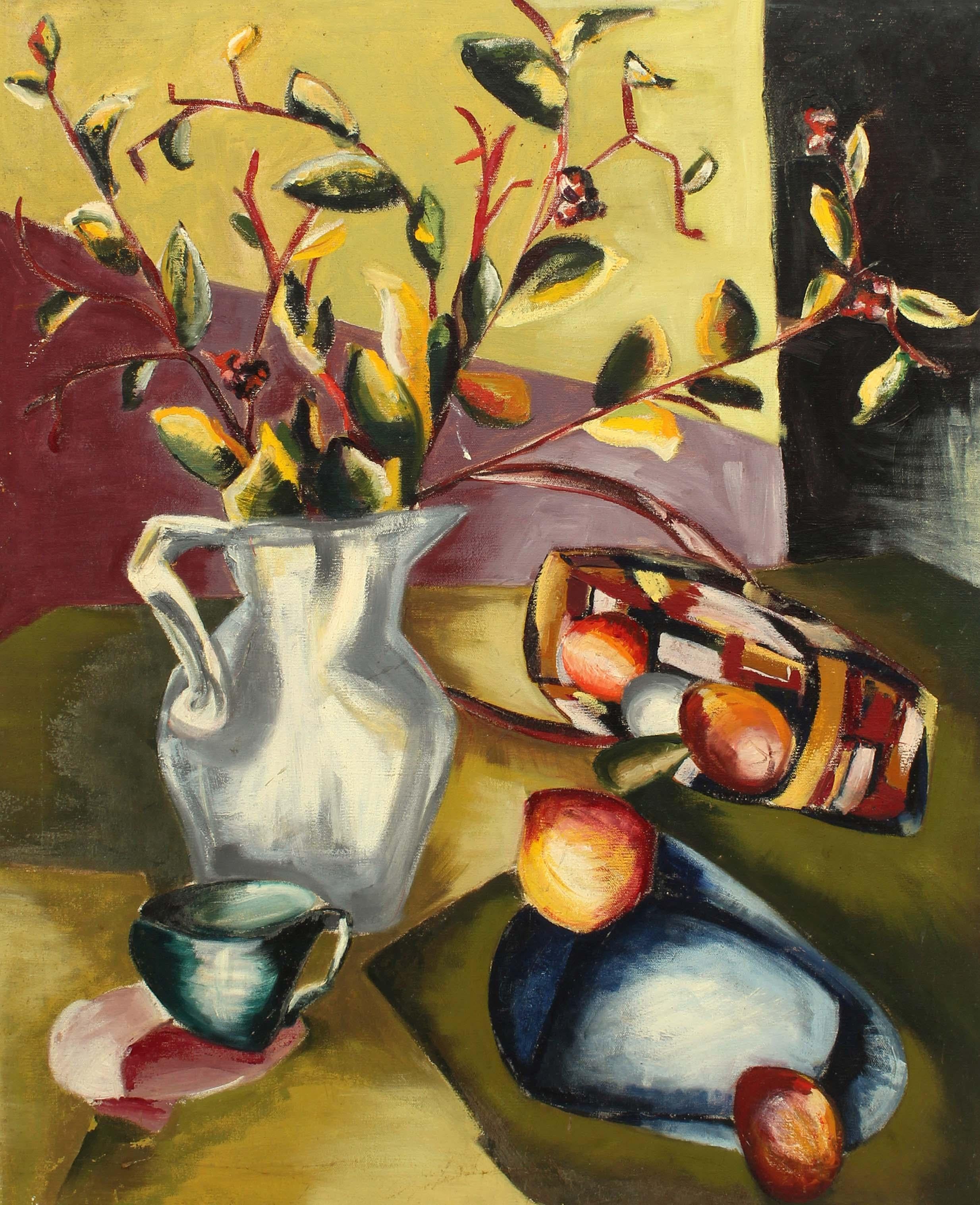 Pittura ad olio americana della metà del secolo scorso Natura morta cubista astratta di frutta - Abstract Painting Marrone di Anita Johnson