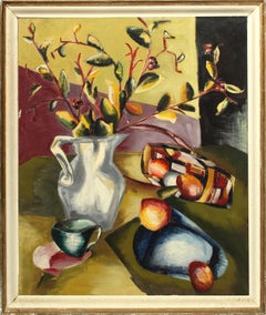 Mid-Century Modern American Oil Painting Abstract cubist still life fruit