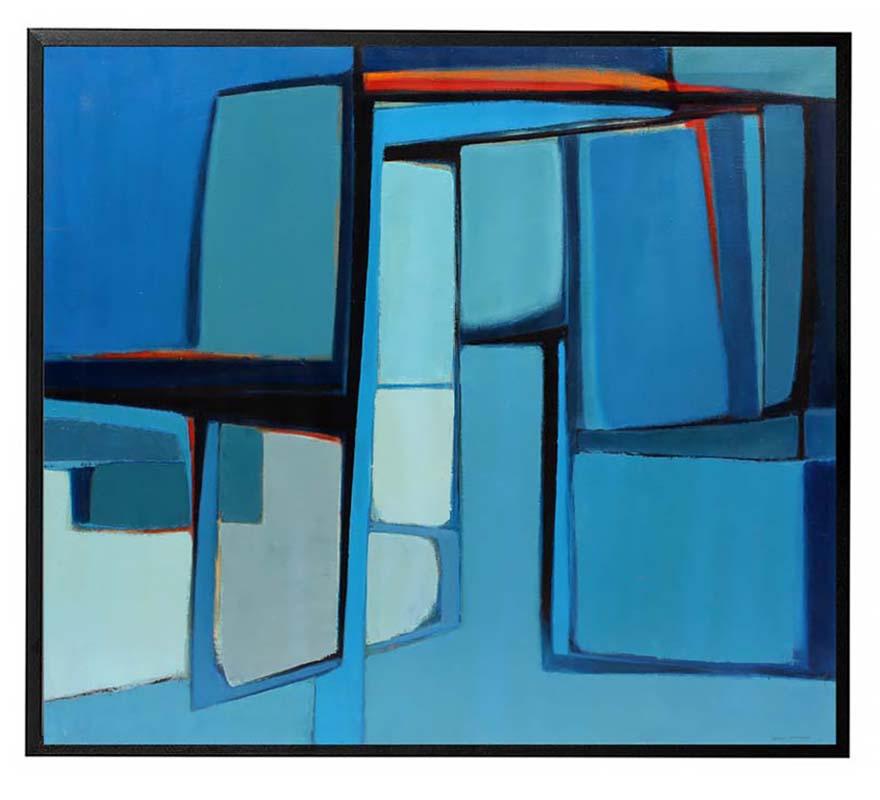 Pittura ad olio americana di metà secolo, astratta, artista donna, blu museo - Painting di Anita Johnson