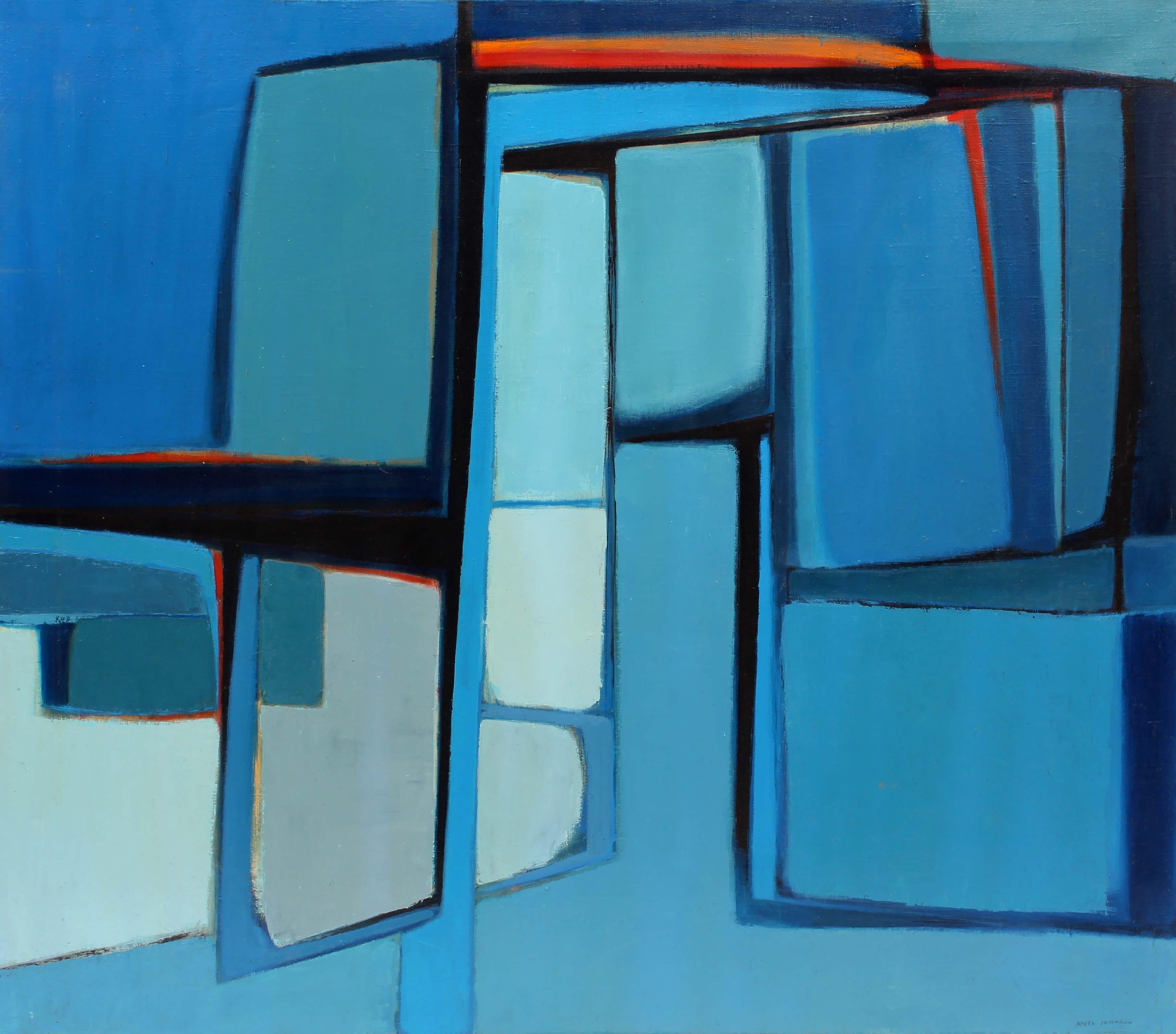 Pittura ad olio americana di metà secolo, astratta, artista donna, blu museo - Painting Astrattismo geometrico di Anita Johnson