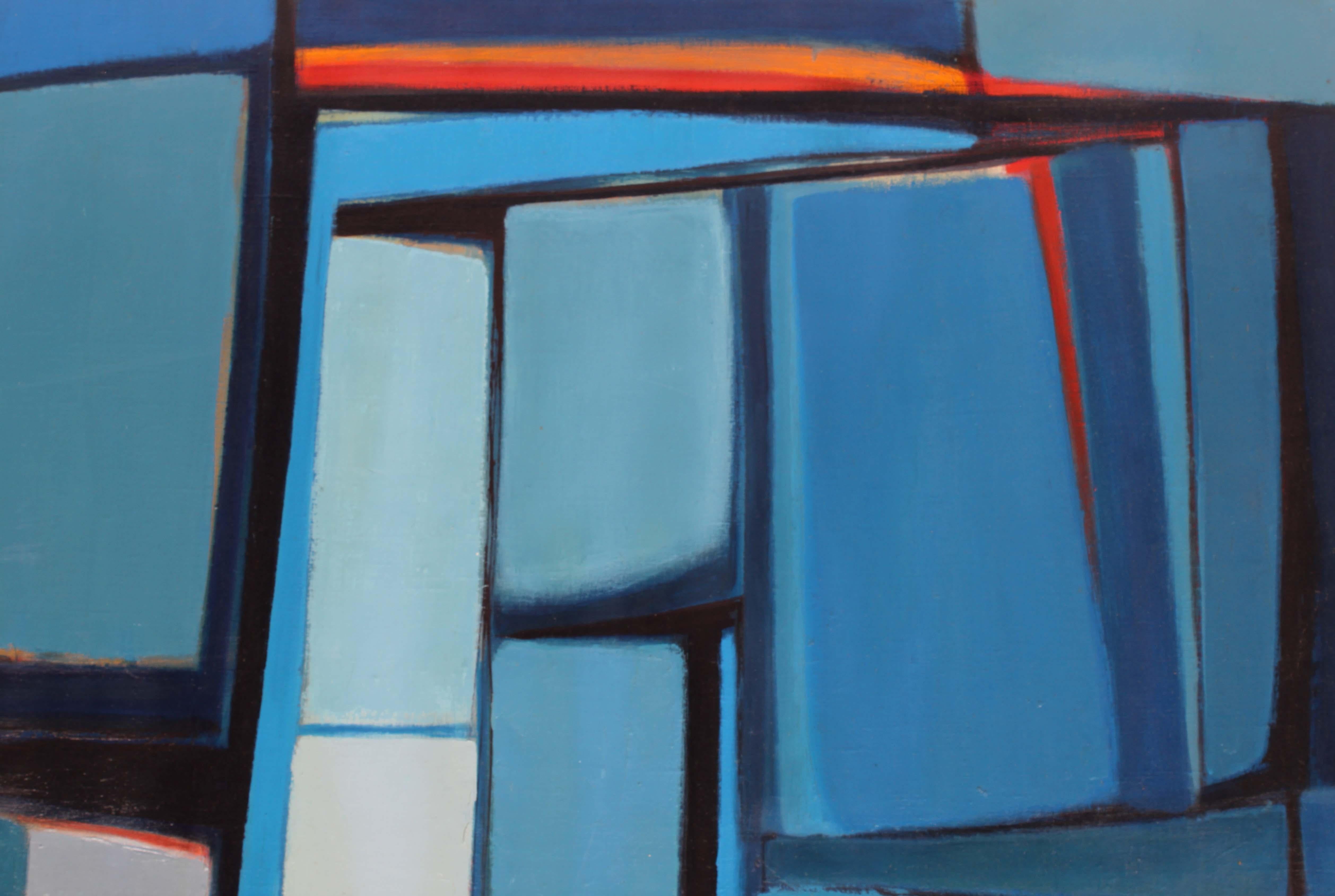 Pittura ad olio americana di metà secolo, astratta, artista donna, blu museo - Abstract Painting Blu di Anita Johnson