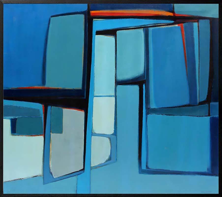 Abstract Painting di Anita Johnson - Pittura ad olio americana di metà secolo, astratta, artista donna, blu museo