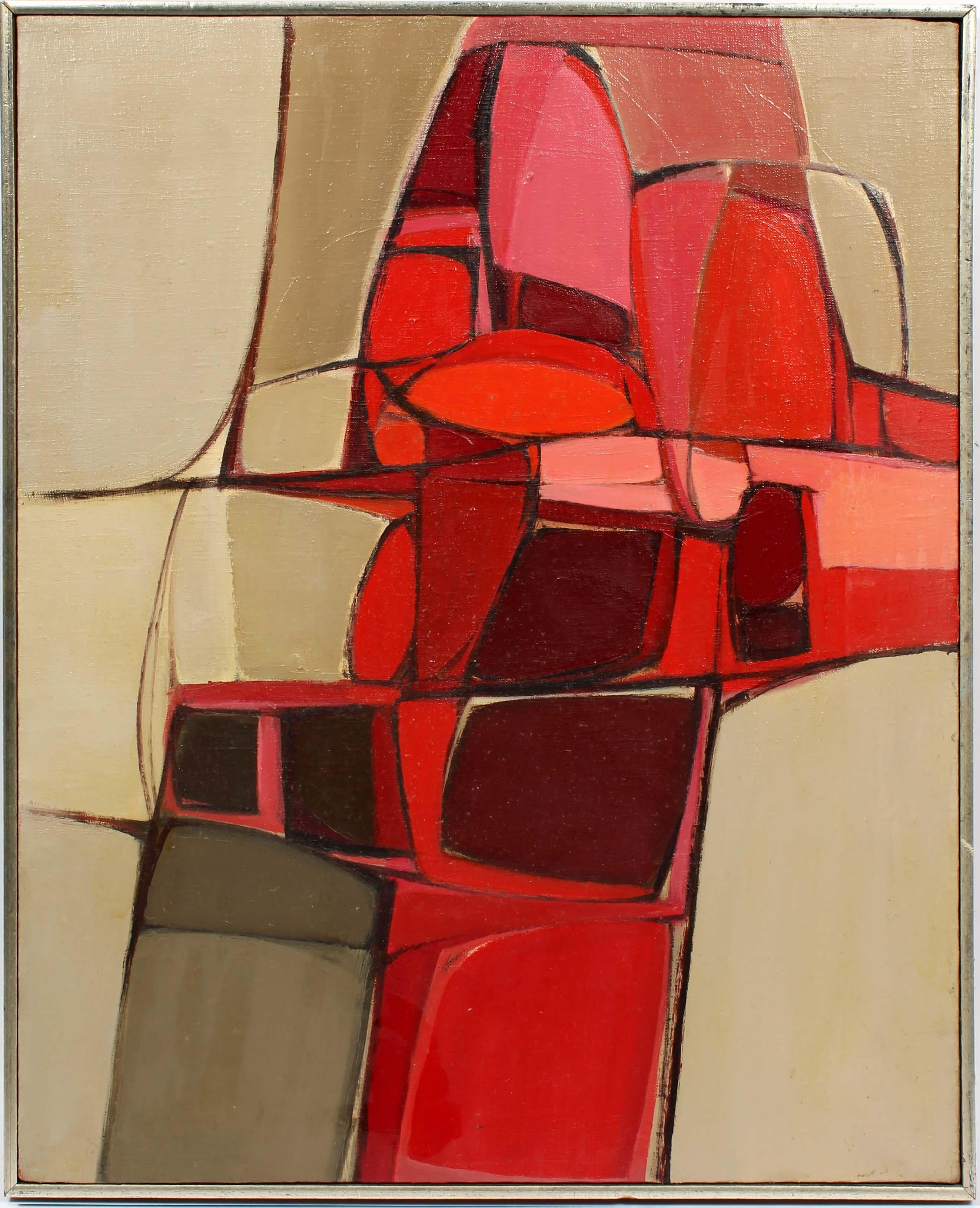Pittura ad olio americana di metà secolo, astratta, artista donna Museo rosso rosa - Painting di Anita Johnson