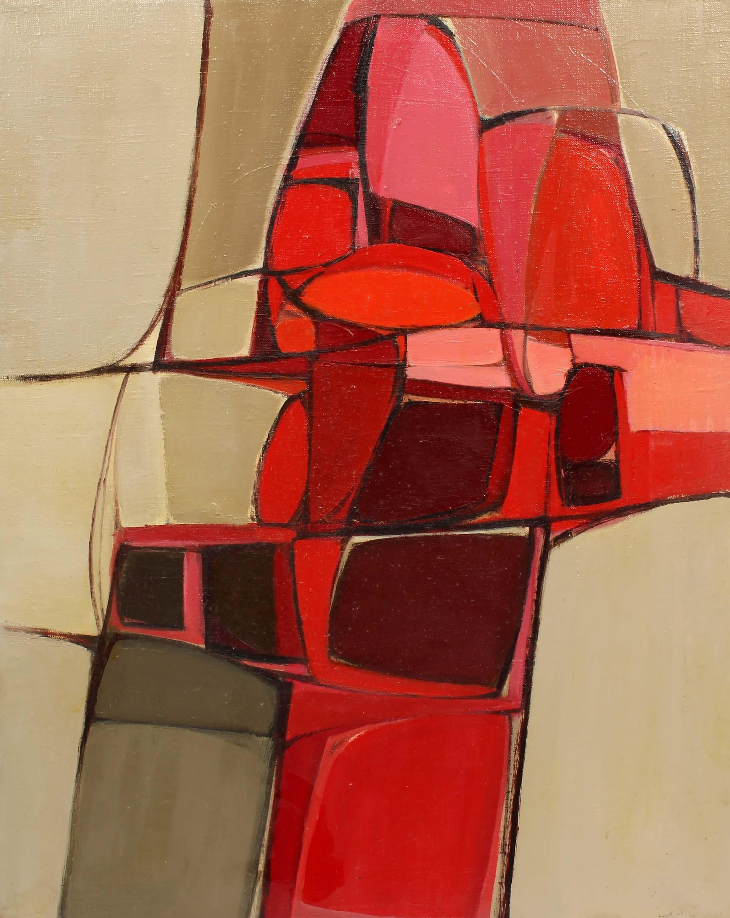 Pittura ad olio americana di metà secolo, astratta, artista donna Museo rosso rosa - Painting Astrattismo geometrico di Anita Johnson