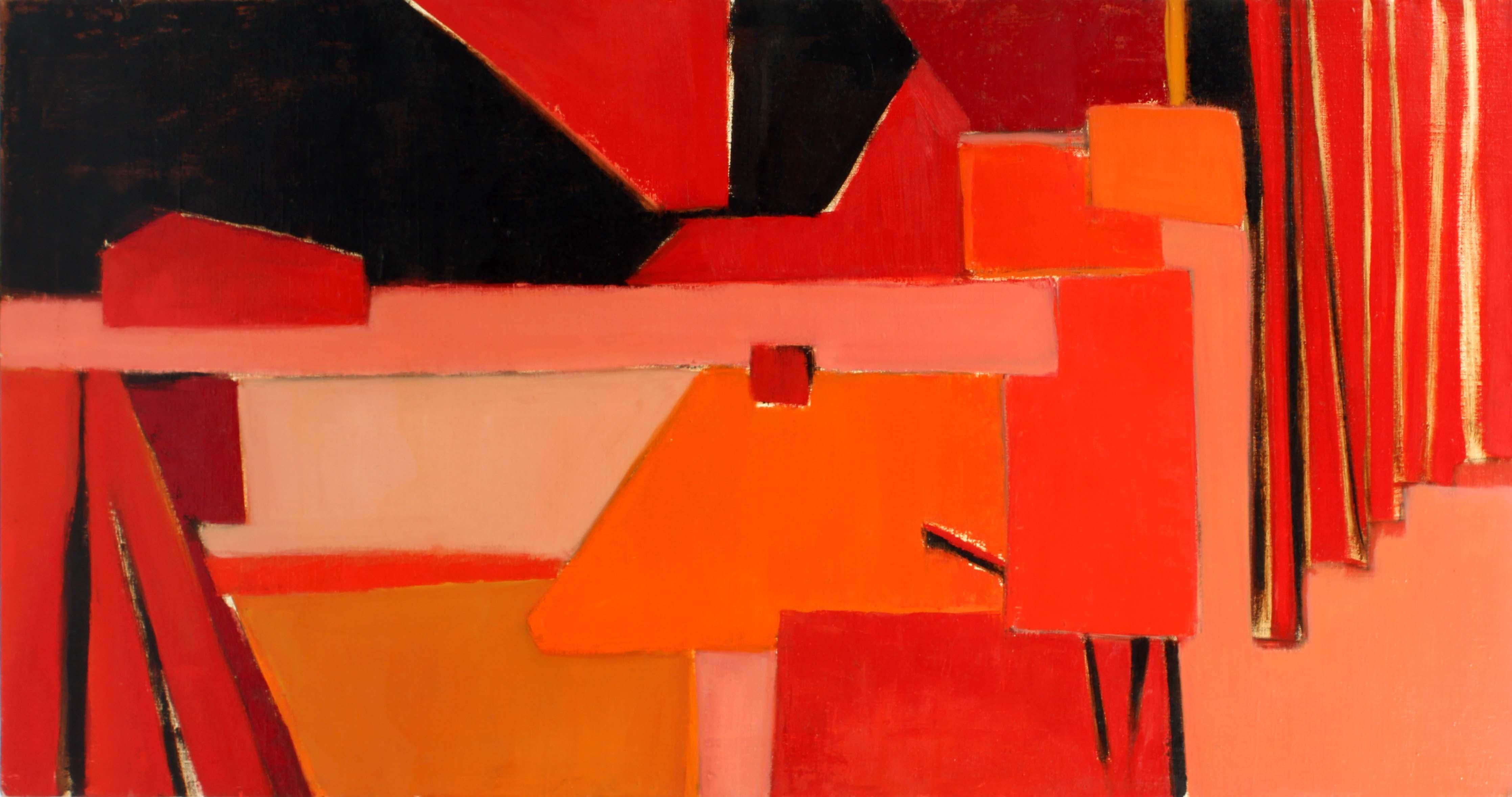 Pittura ad olio americana di metà secolo, astratta, artista donna Museo rosso rosa - Painting Astrattismo geometrico di Anita Johnson