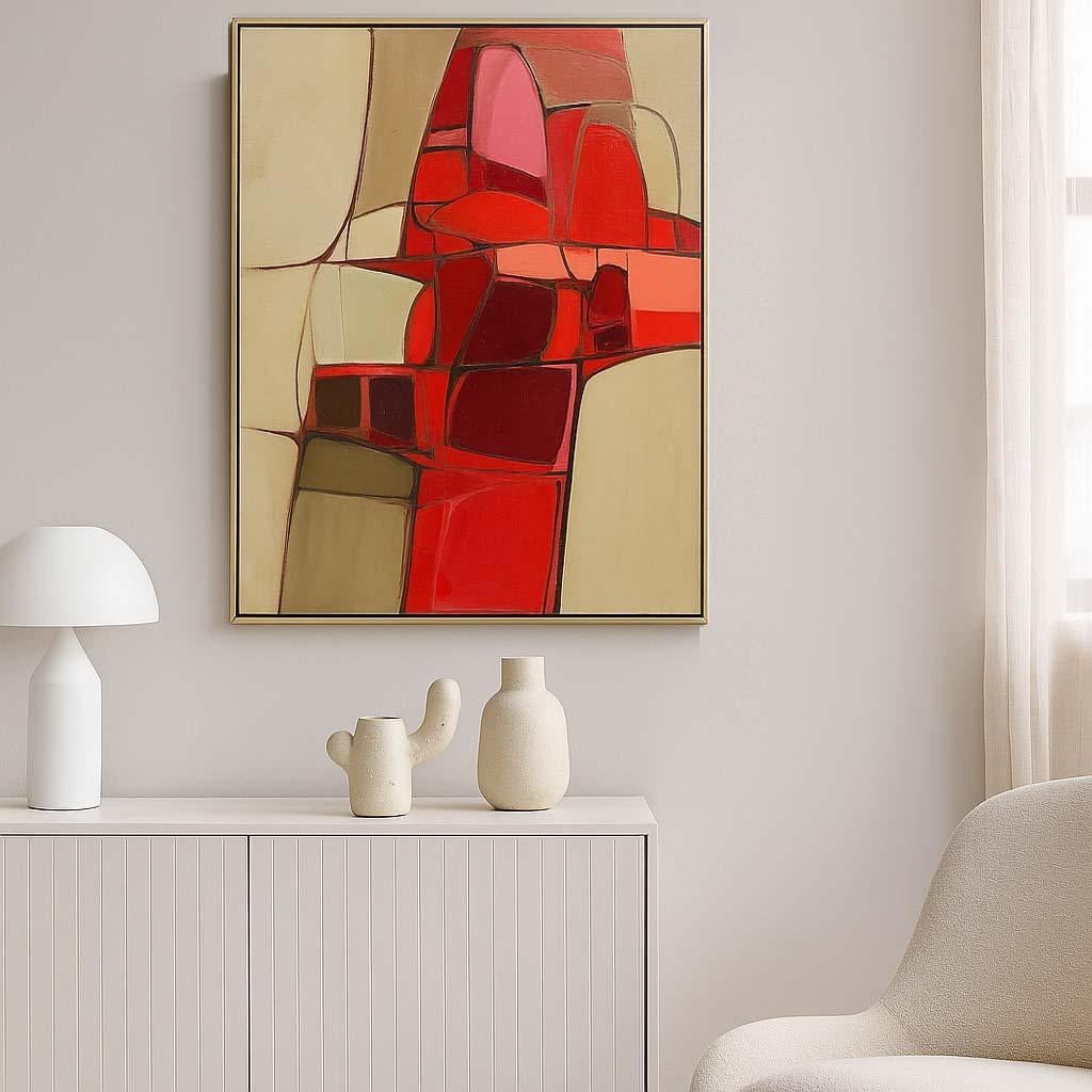Pittura ad olio americana di metà secolo, astratta, artista donna Museo rosso rosa in vendita 1