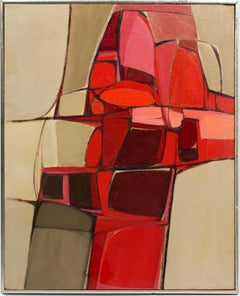 Mid-Century Modern American Oil Painting Abstract Female artist Museum red pink