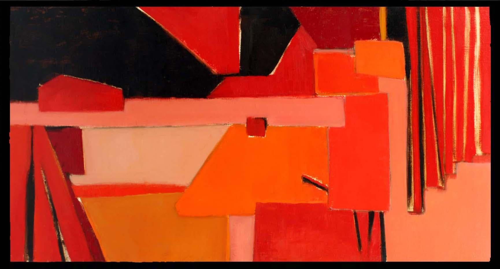 Pittura ad olio americana di metà secolo, astratta, artista donna Museo rosso rosa