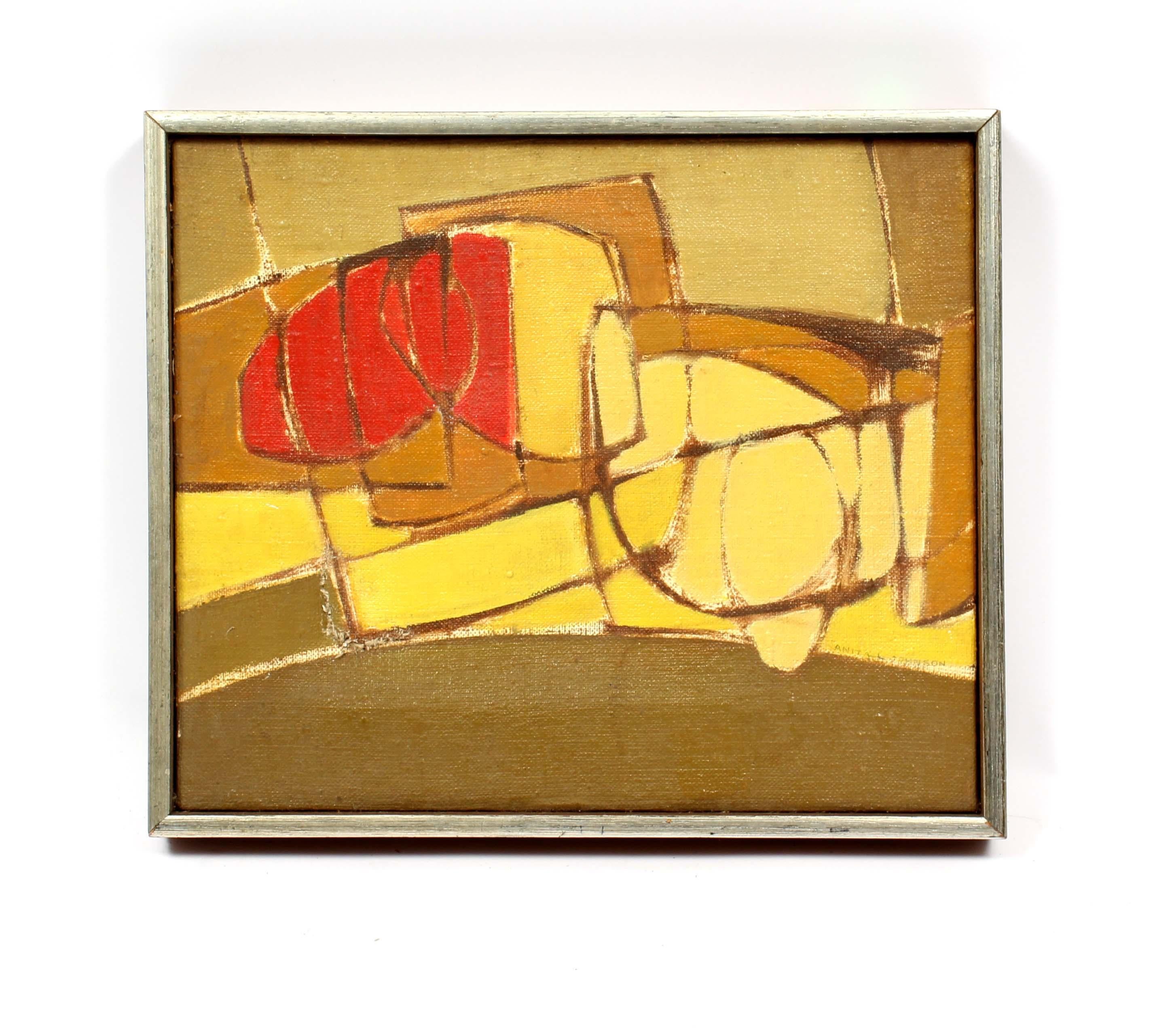 Pintura al Óleo Americana Moderna de Mediados de Siglo Abstracta naranja rojo verde marrón enmarcada - Painting Geométrico abstracto de Anita Johnson