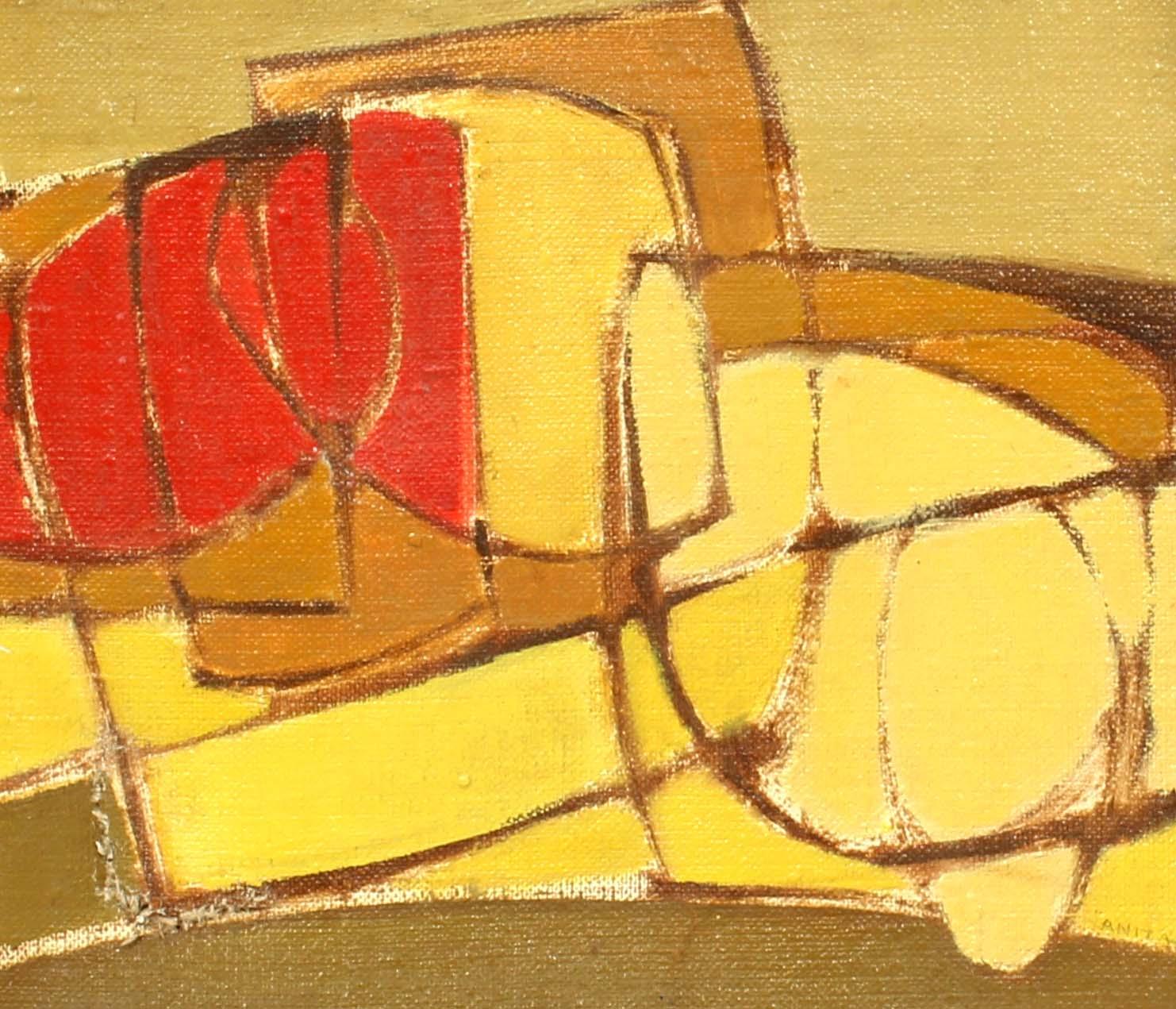 Pintura al Óleo Americana Moderna de Mediados de Siglo Abstracta naranja rojo verde marrón enmarcada - Abstract Painting Marrón de Anita Johnson