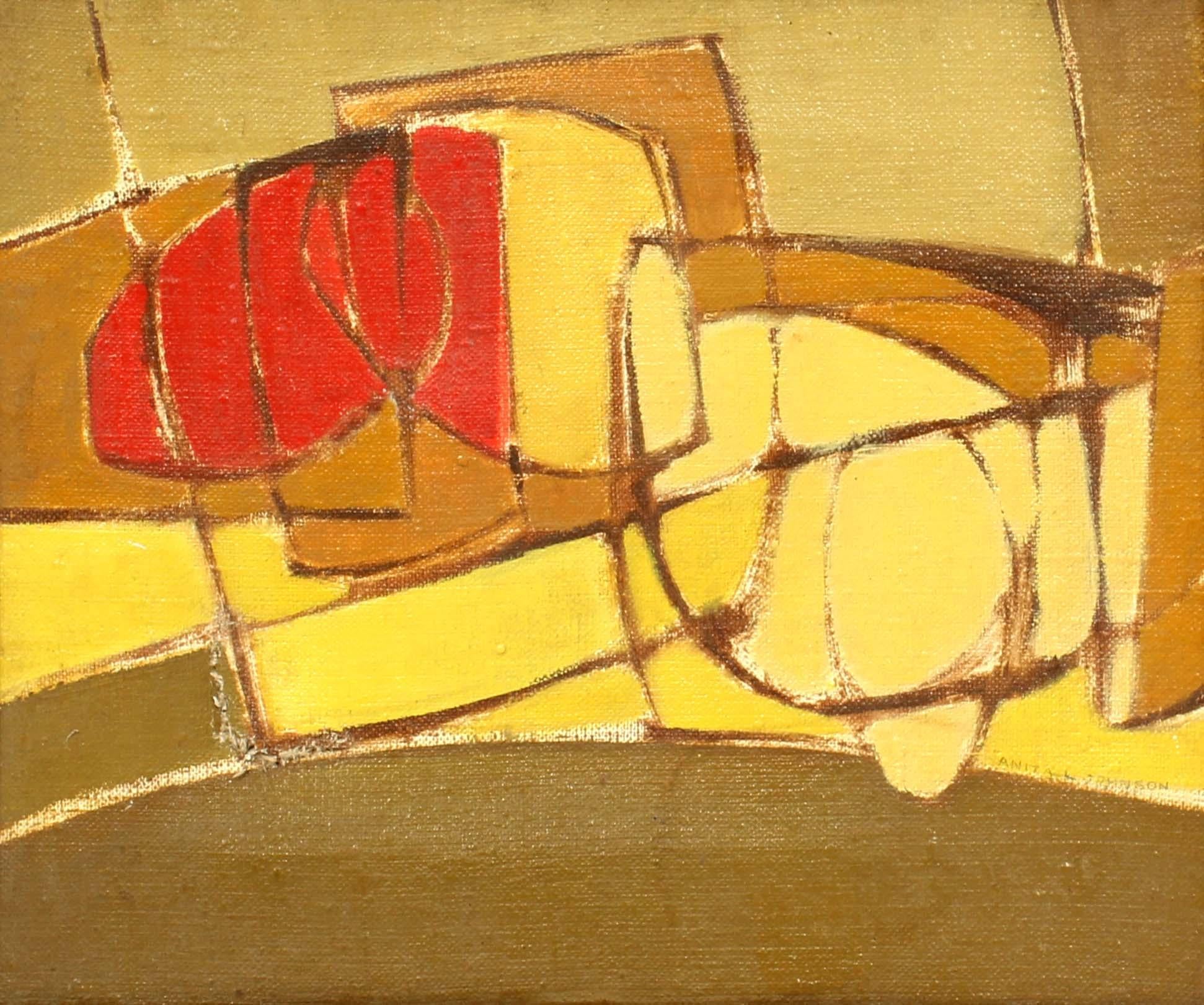 Anita Johnson
Sin título (Abstracción ámbar), c. 1960
Óleo sobre lienzo
Dimensiones enmarcado: 10,5 pulg. H × 12,5 pulg. W
Marco original de metal plateado

En esta composición que parece una joya, Anita Johnson canaliza su don para la estructura