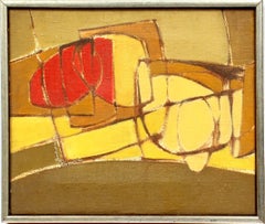 Pintura al Óleo Americana Moderna de Mediados de Siglo Abstracta naranja rojo verde marrón enmarcada
