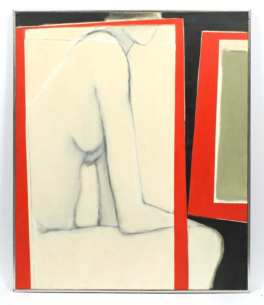 Pintura al óleo moderna de mediados de siglo Abstracta Rojo Verde Mujer artista Etiqueta de museo - Painting de Anita Johnson