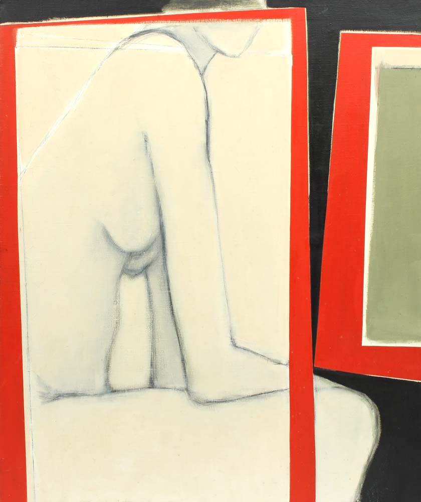 Pintura al óleo moderna de mediados de siglo Abstracta Rojo Verde Mujer artista Etiqueta de museo - Painting Geométrico abstracto de Anita Johnson