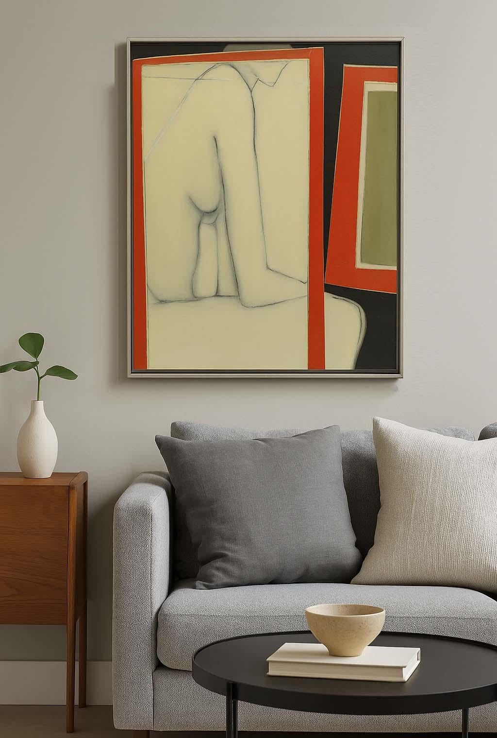 Pintura al óleo moderna de mediados de siglo Abstracta Rojo Verde Mujer artista Etiqueta de museo - Abstract Painting Blanco de Anita Johnson