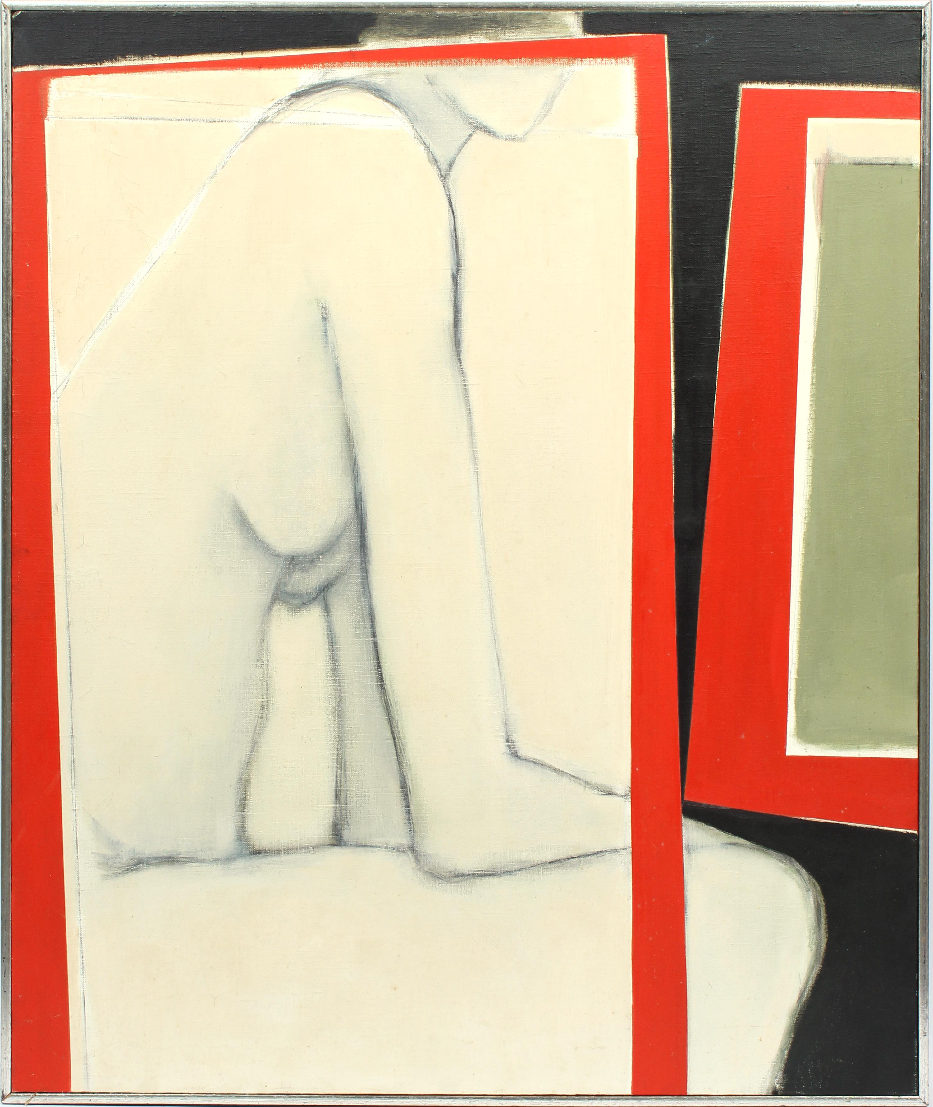Mid-Century Modern Oil Painting Abstract Red Green Female artist Museum Label