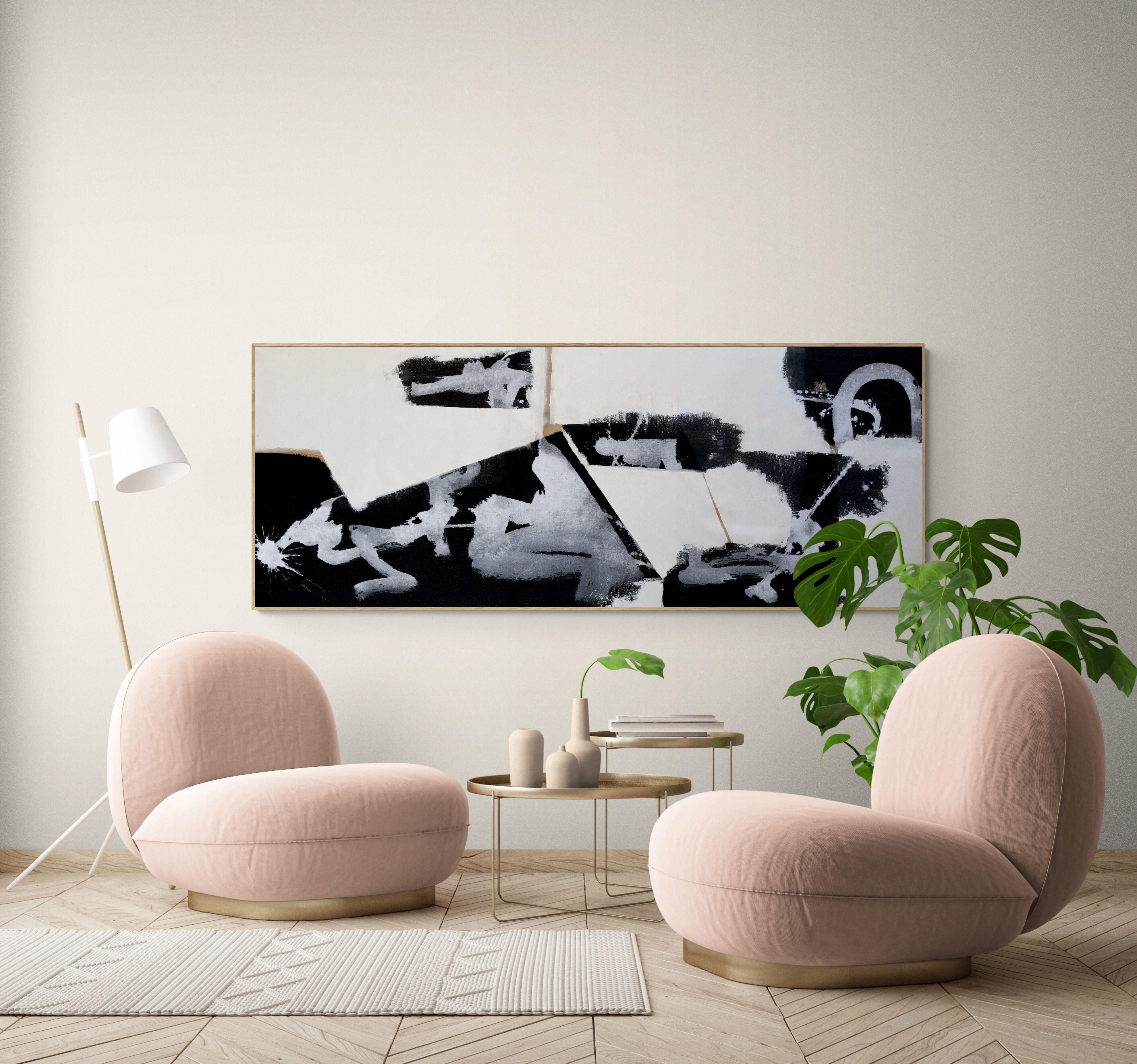 Passione per il minimalismo   Colori neutri con cui non puoi sbagliare e che sicuramente hanno sempre un aspetto di classe.     Astrazione  80 x 200 cm   Acrilici su tela    Il colore della pittura è più avorio che bianco, come si può vedere nelle