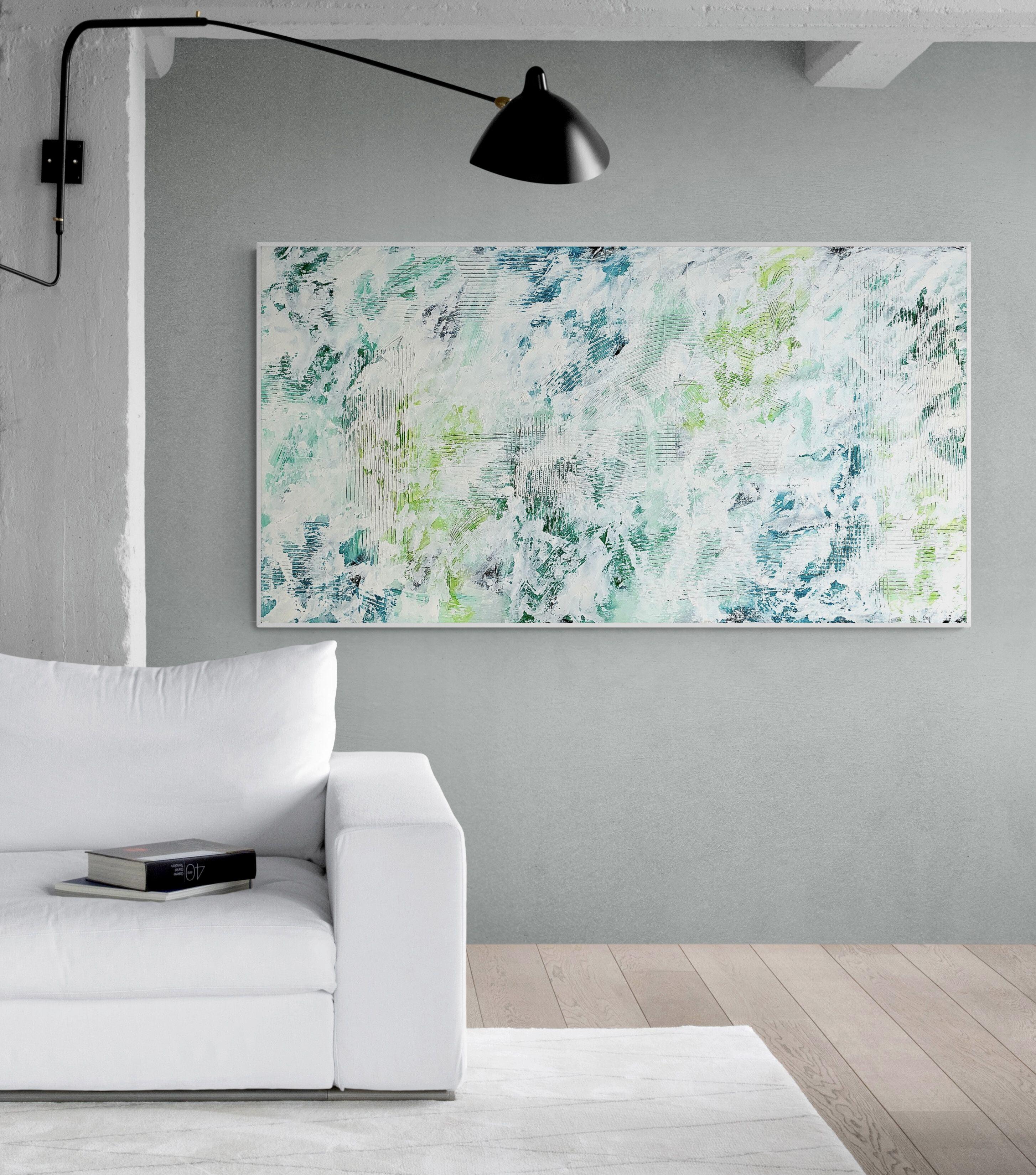 Beyond the sea no. 2523 green and white abstract, Painting, Acrylic on Canvas For Sale 2