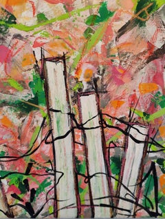 "A Garden View 2", Abstract, Garden Fence, Pink, Green, Impasto, Oil Painting