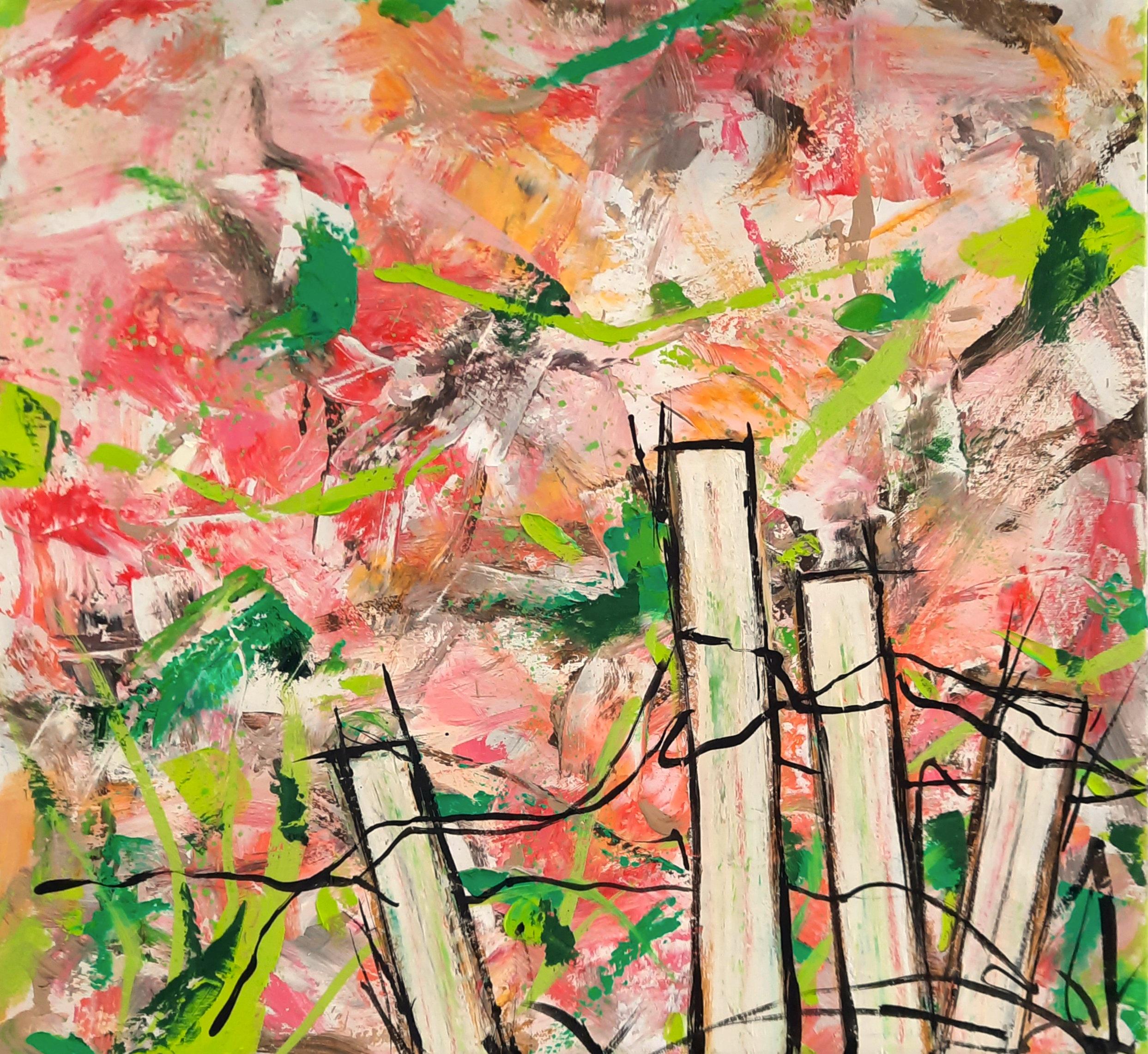 Anita Loomis Abstract Painting - "A Garden View 2", abstract, garden, fence, pinks, greens, impasto, oil painting