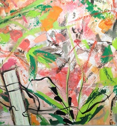 "A Garden View 3", Abstract, Garden Fence, Pink, Green, Impasto, Oil Painting