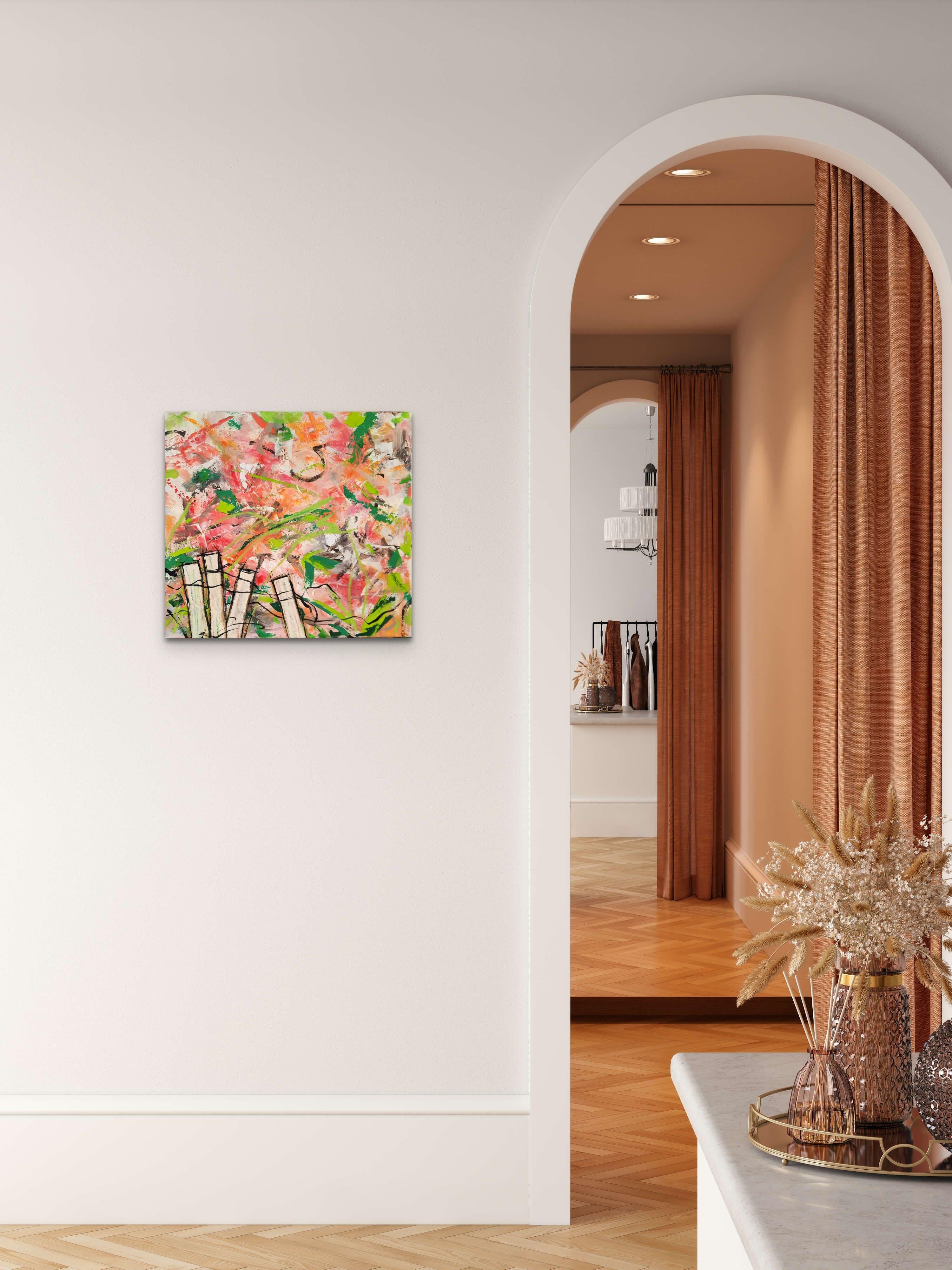 “A Garden View 3” is an explosion of spring color bursting out of the square canvas. This medium sized oil on canvas was inspired by spring as well as the prior painting A Garden View 1, which rests withing a reclaimed window frame. Envisioned as a