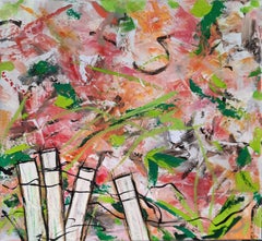 "A Garden View 3", abstract, garden, fence, pinks, greens, impasto, oil painting