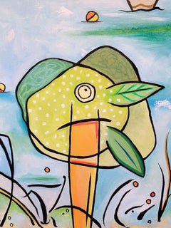 "A Tree Grows by the Shore", Abstract Landscape, Blue, Green, Oil Painting