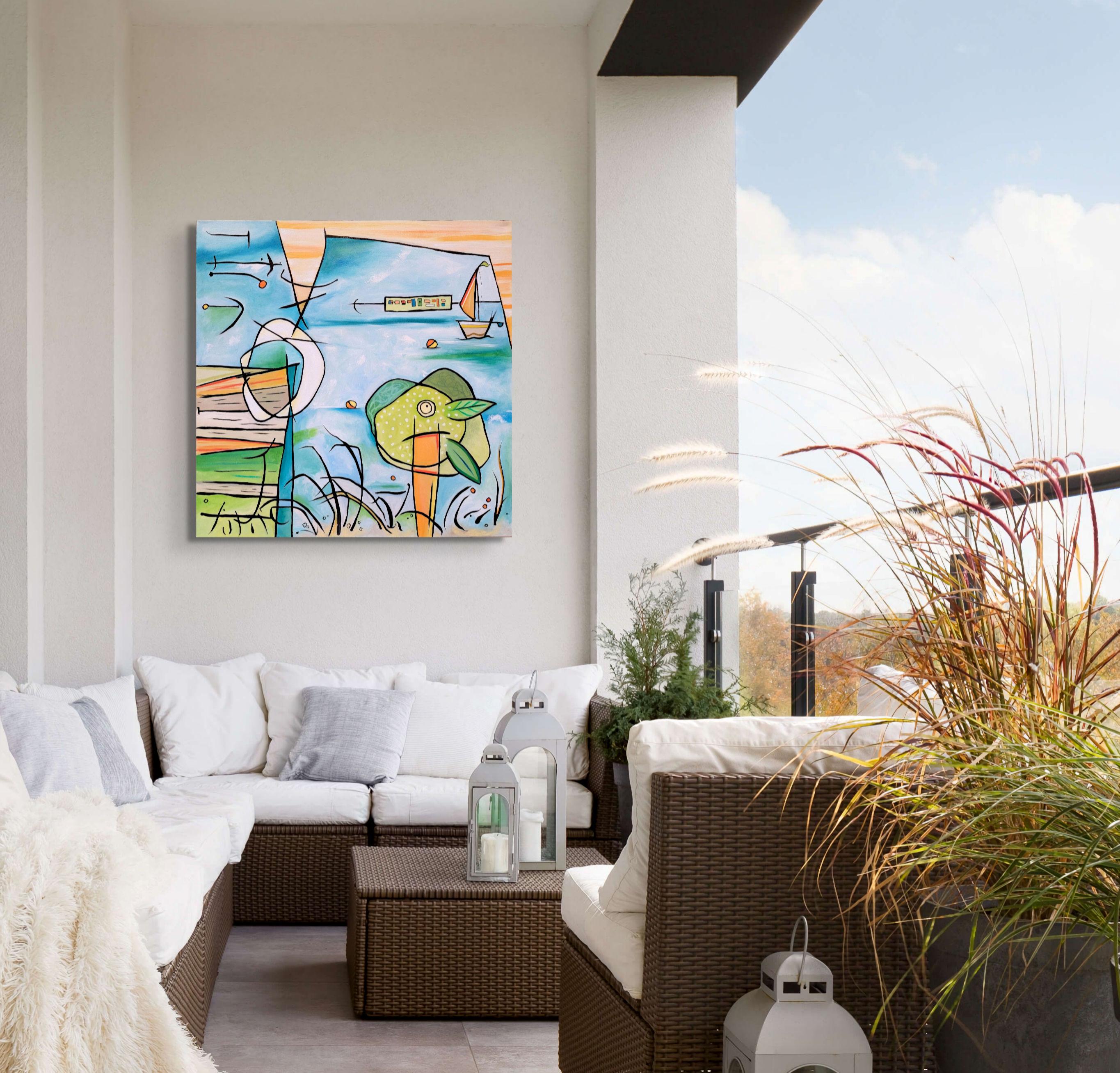 „A Tree Grows by the Shore“, abstrakt, Landschaft, blau, grün, Ölgemälde im Angebot 1