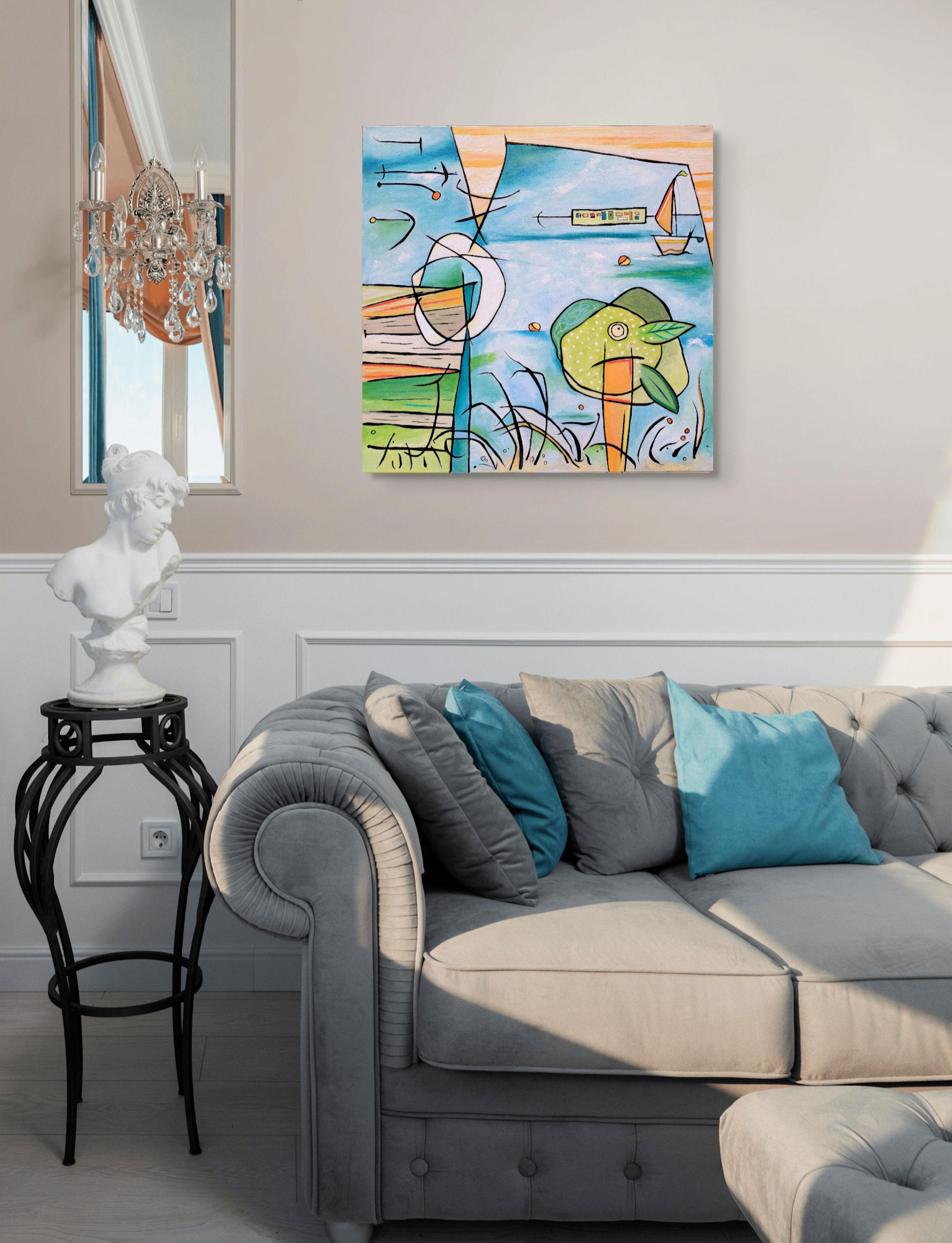 „A Tree Grows by the Shore“, abstrakt, Landschaft, blau, grün, Ölgemälde im Angebot 2