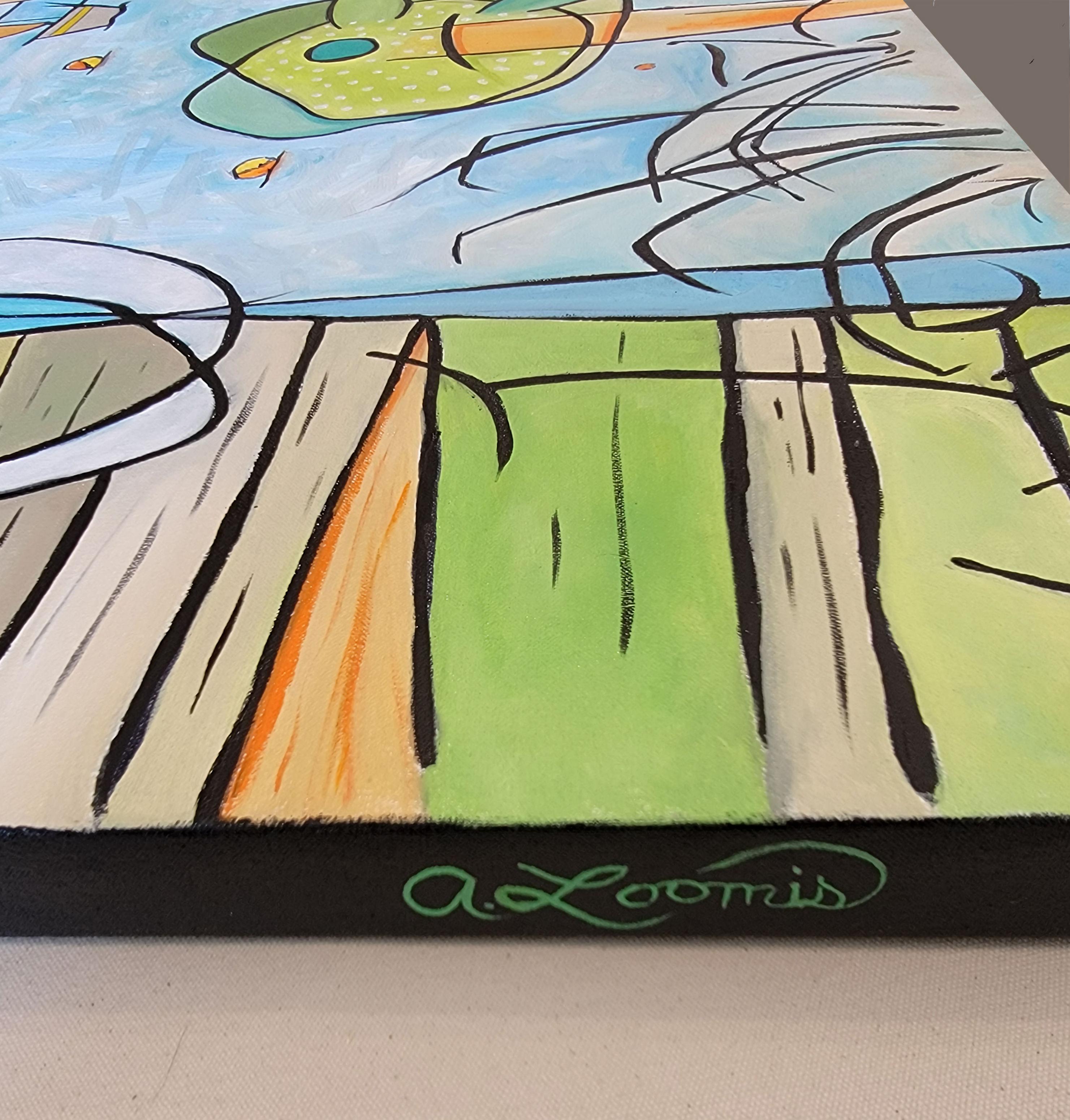 „A Tree Grows by the Shore“, abstrakt, Landschaft, blau, grün, Ölgemälde im Angebot 3