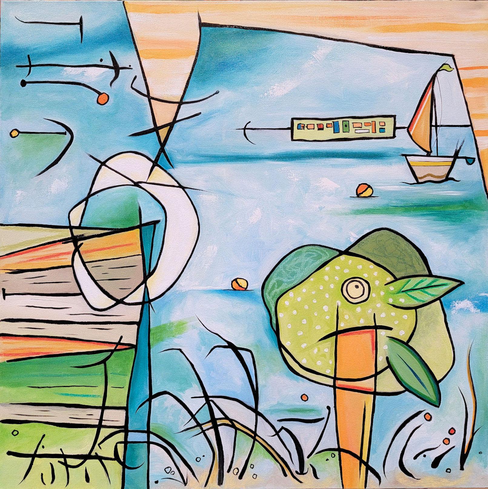 „A Tree Grows by the Shore“, abstrakt, Landschaft, blau, grün, Ölgemälde – Painting von Anita Loomis