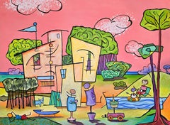 "Burbs", Contemporain, Famille, Été, Dessins animés, Audacieux, Peinture à l
huile