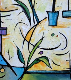 "Compadres", Abstract, Expressionist, Green, Blue, Oil Pastel, Oil Painting