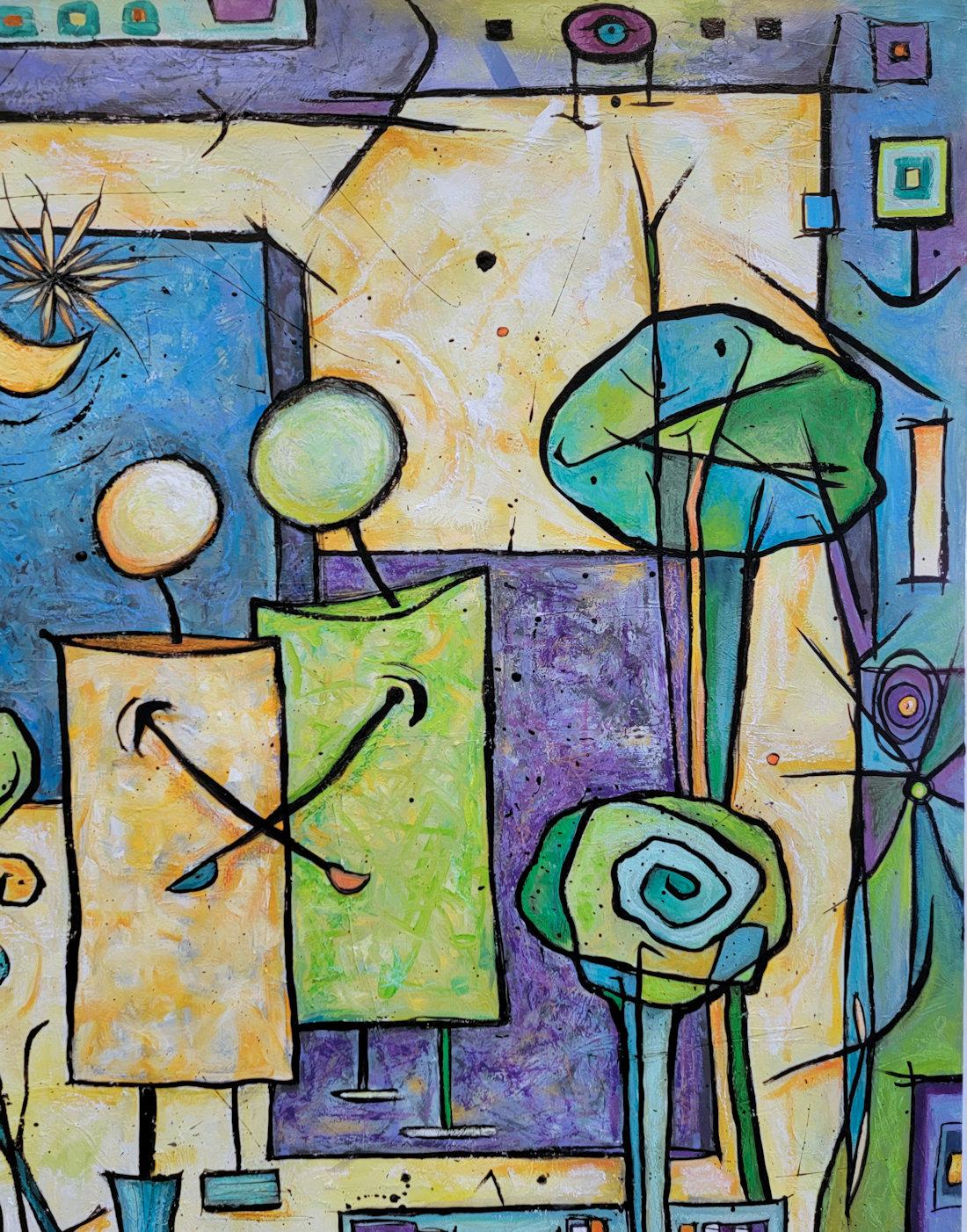 “Compadres” is a 50 x 40 inch oil painting on canvas by Anita Loomis. A work from her “Couples” series, this vibrantly colored abstract composition in cool blue, green, violet palette with pops of warm orange, captures a moment with two dear souls