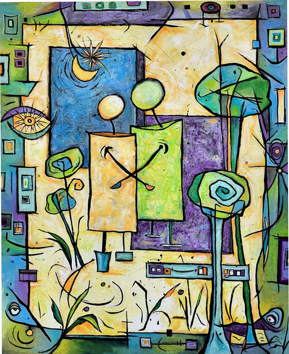 "Compadres", abstract, expressionist, blue, green, oil painting, oil pastel - Painting by Anita Loomis
