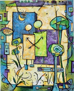 « Compadres », abstrait, expressionniste, bleu, vert, peinture à l'huile, pastel