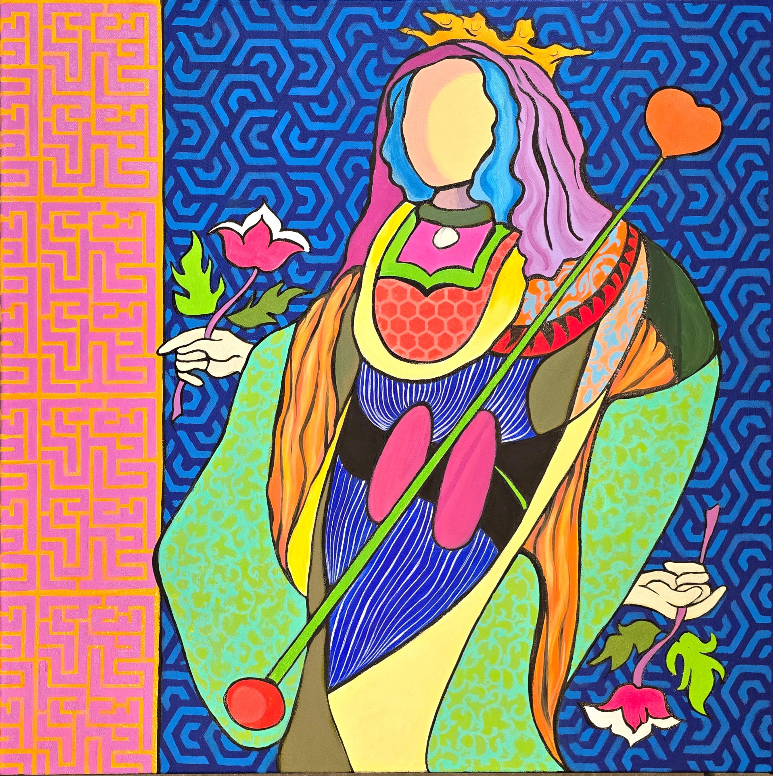 Anita Loomis Figurative Painting – "Diva", Zeitgenössisch, Spielkarte, Rosa, Lila, Ölgemälde, 2025