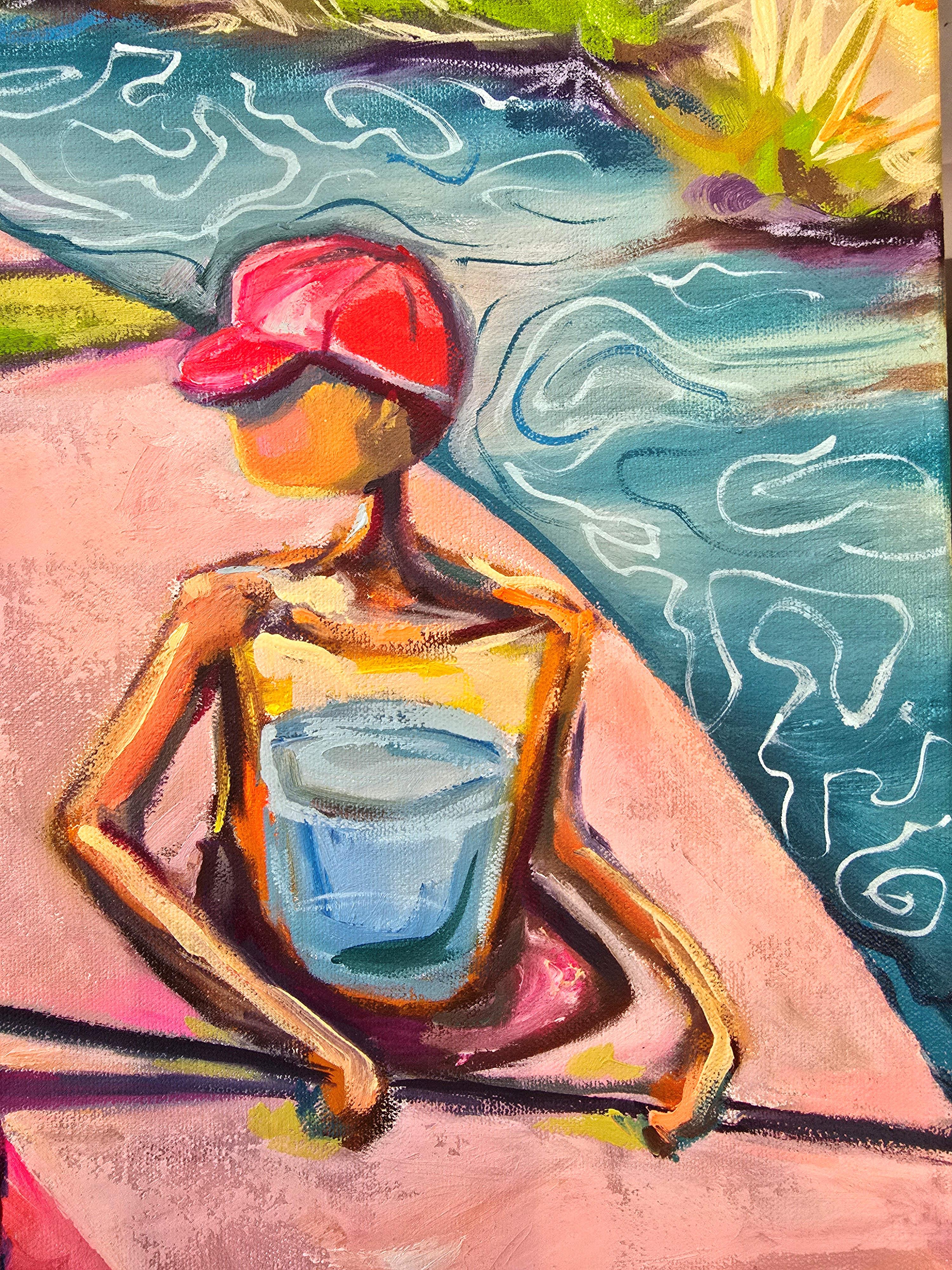 Flow es un óleo original sobre lienzo de la artista de Nueva Inglaterra Anita Loomis. Este cuadro de 30 x 30 pulgadas representa a dos personas disfrutando de un viaje exploratorio en kayak por un sinuoso curso de agua. Las propias figuras son vasos
