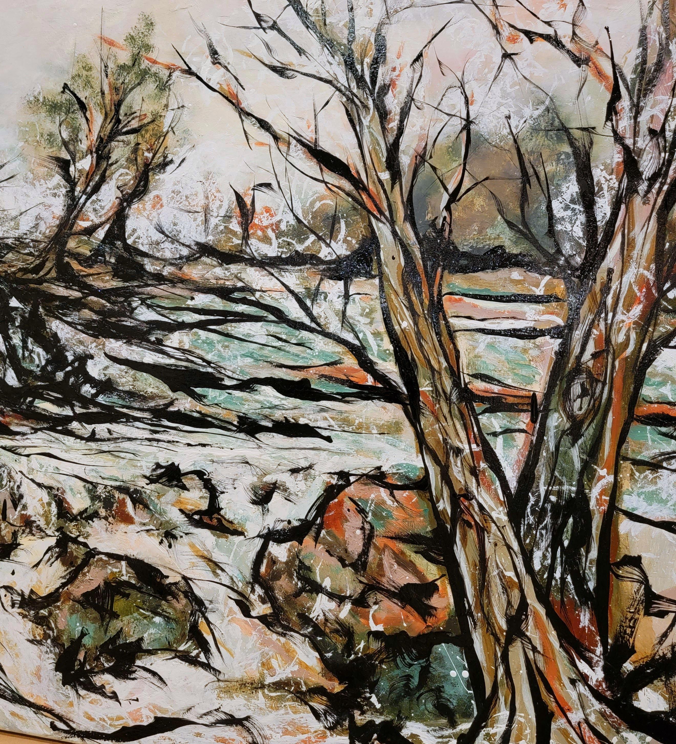 « Royal River », abstrait, paysage, automne, côte, Maine, peinture à l'huile, 2023 - Painting de Anita Loomis